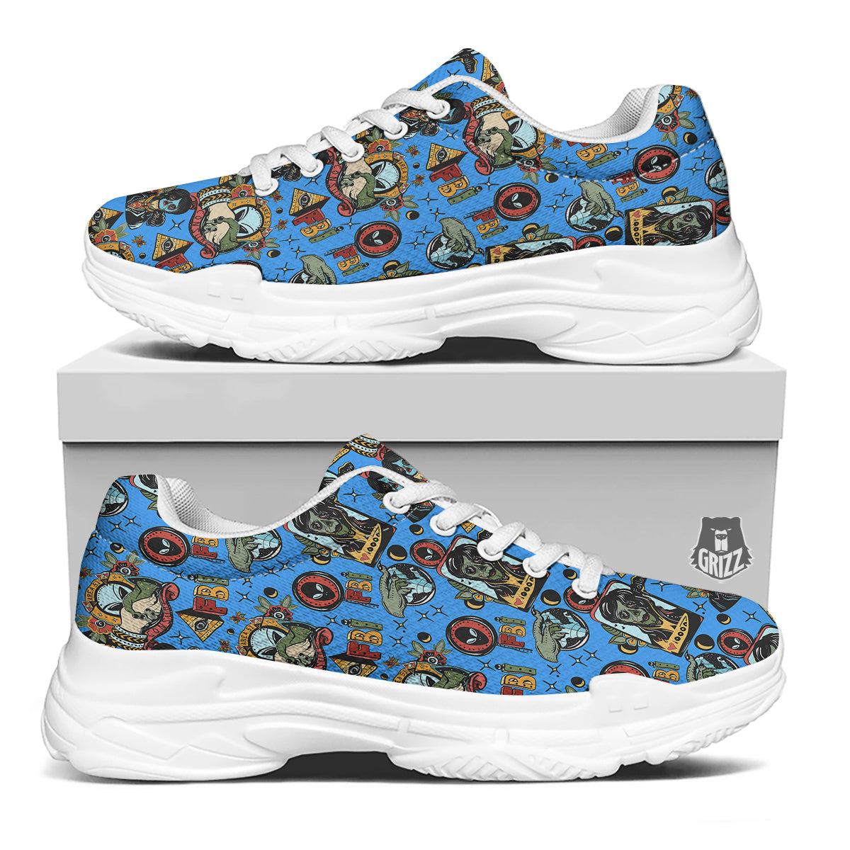 Space Alien Retro Tattoo Print Pattern White Chunky Shoes-grizzshop