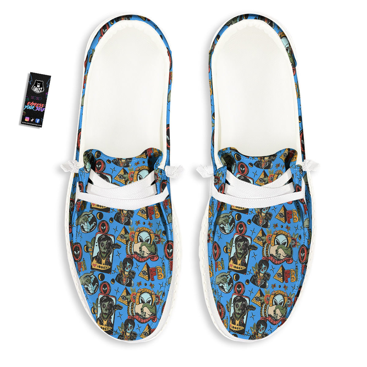 Space Alien Retro Tattoo Print Pattern White Loafers-grizzshop