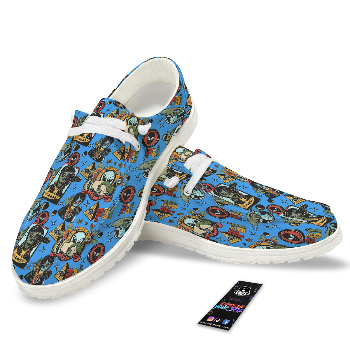 Space Alien Retro Tattoo Print Pattern White Loafers-grizzshop