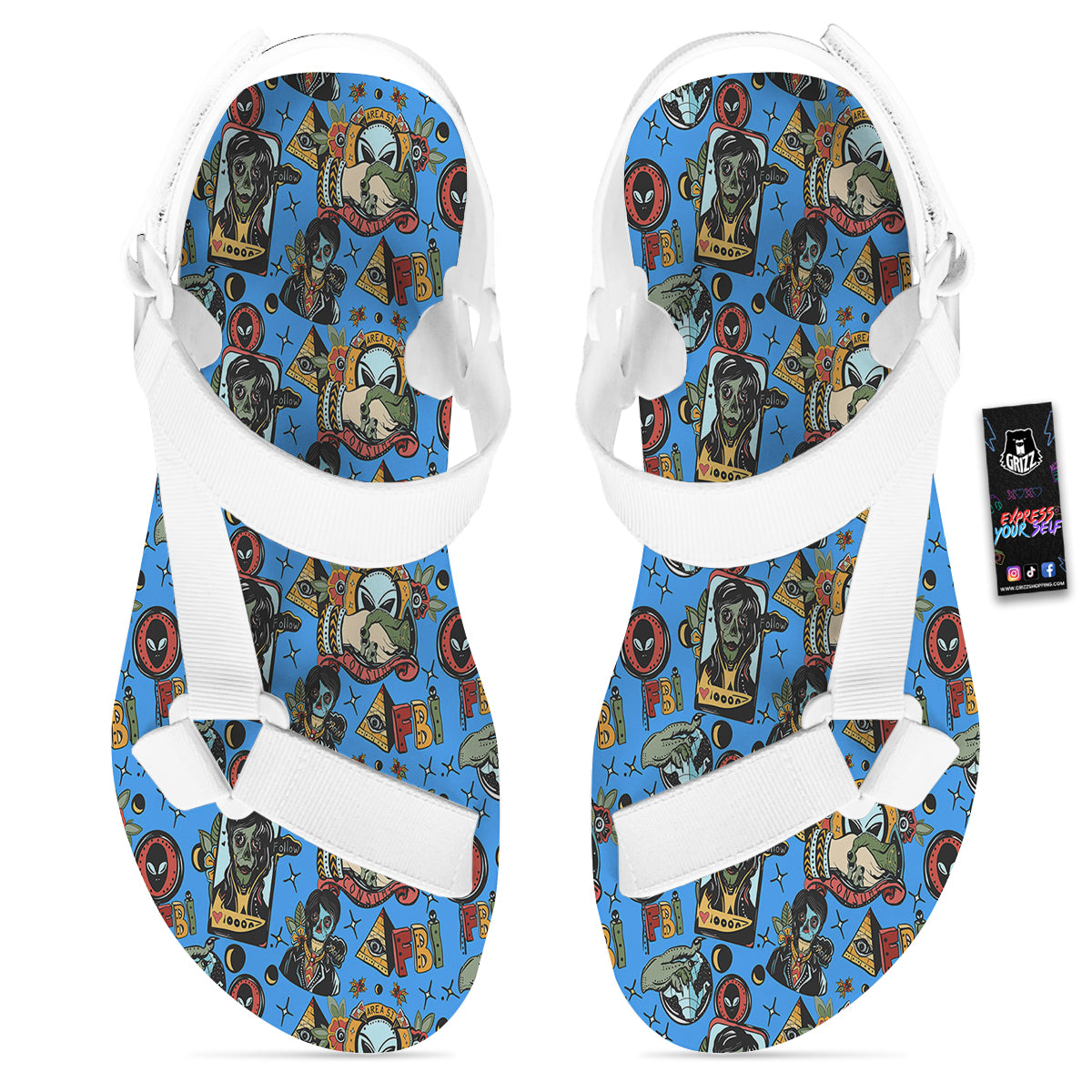 Space Alien Retro Tattoo Print Pattern White Open Toe Sandals-grizzshop