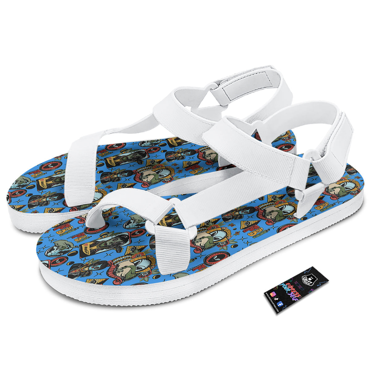 Space Alien Retro Tattoo Print Pattern White Open Toe Sandals-grizzshop