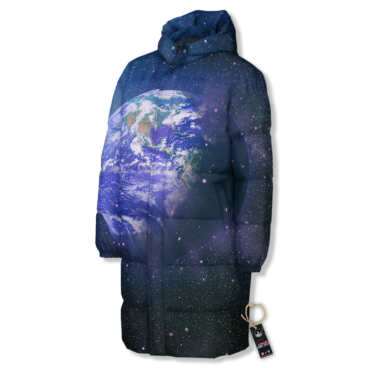 Space And Earth Print Long Down Jacket-grizzshop