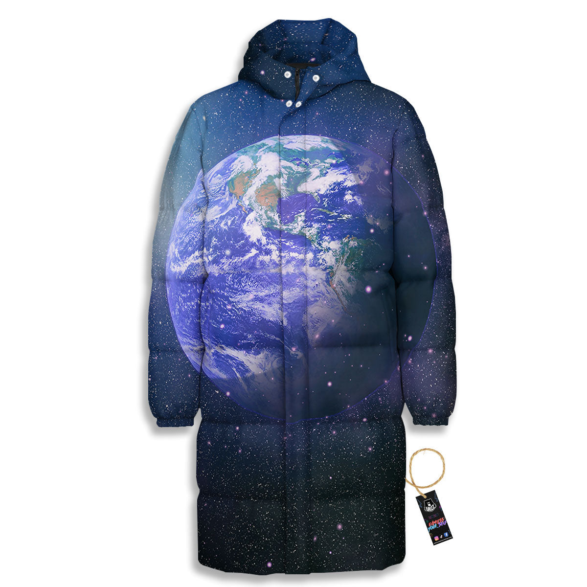 Space And Earth Print Long Down Jacket-grizzshop