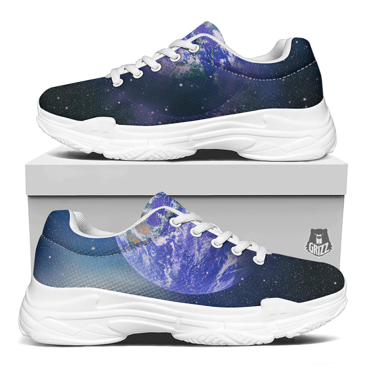 Space And Earth Print White Chunky Shoes-grizzshop