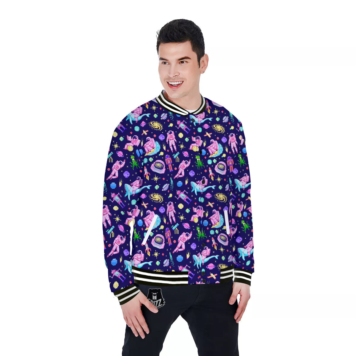 Space Astronaut 8 Bit Print Pattern Baseball Jacket-grizzshop