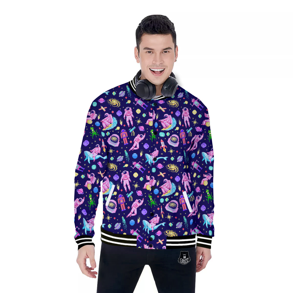 Space Astronaut 8 Bit Print Pattern Baseball Jacket-grizzshop