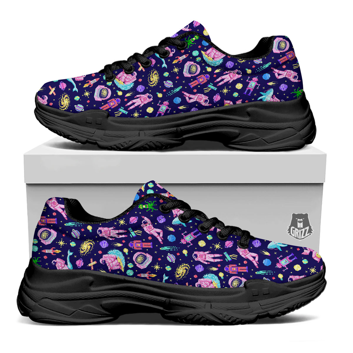 Space Astronaut 8 Bit Print Pattern Black Chunky Shoes-grizzshop
