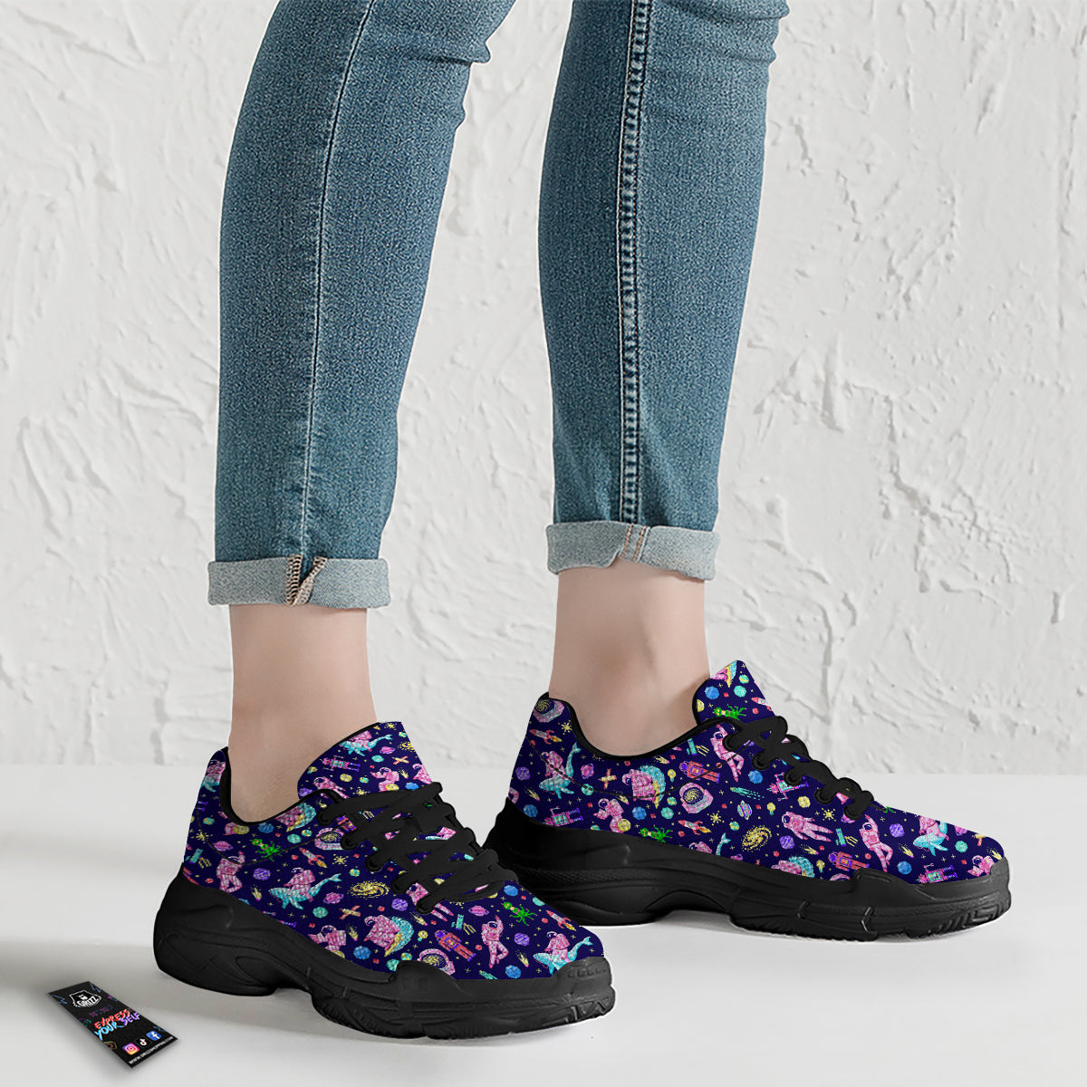 Space Astronaut 8 Bit Print Pattern Black Chunky Shoes-grizzshop