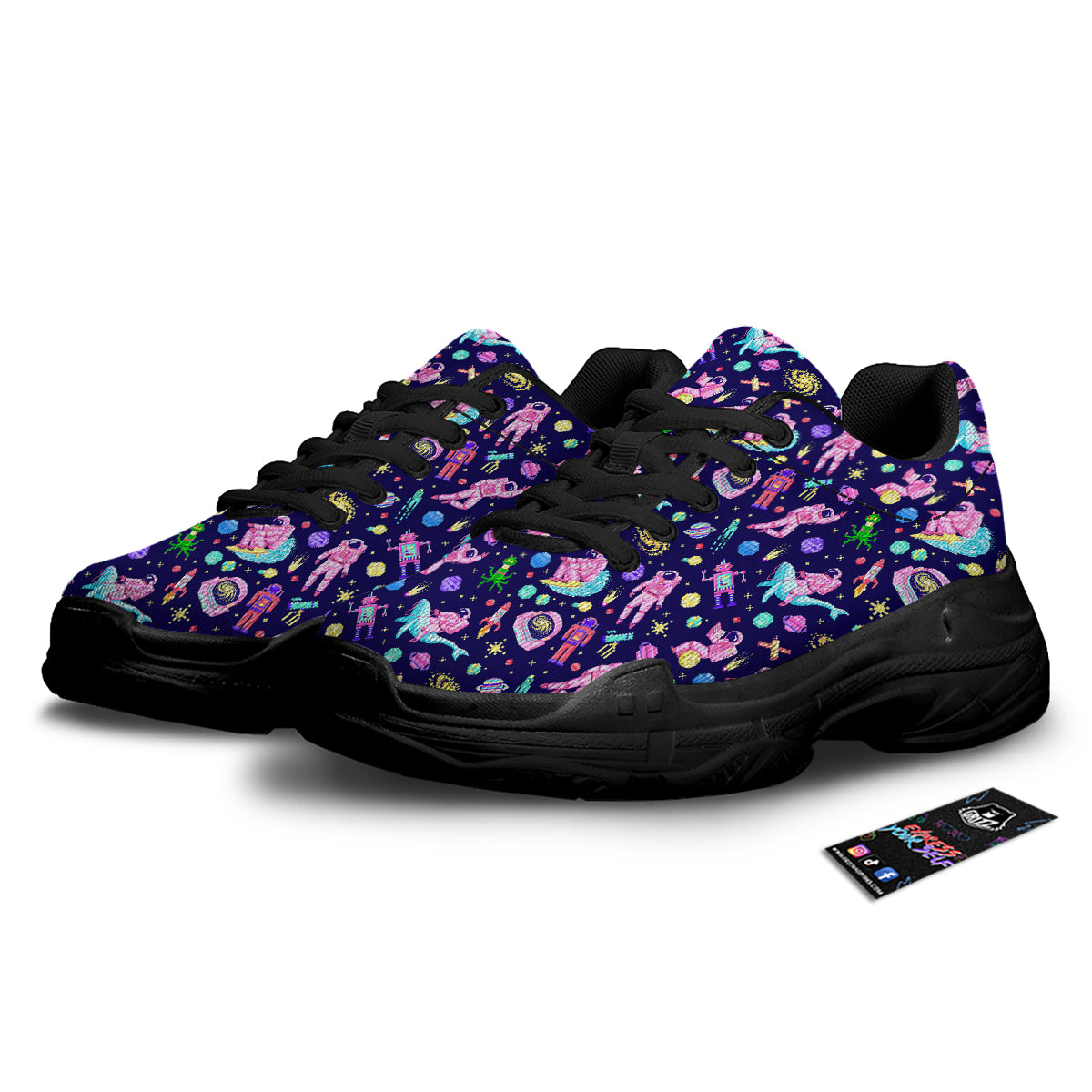 Space Astronaut 8 Bit Print Pattern Black Chunky Shoes-grizzshop