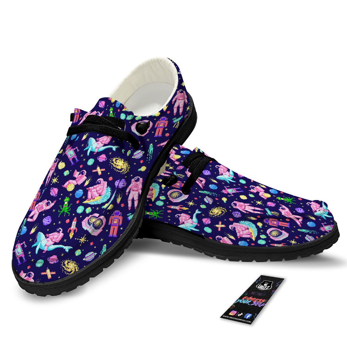 Space Astronaut 8 Bit Print Pattern Black Loafers-grizzshop