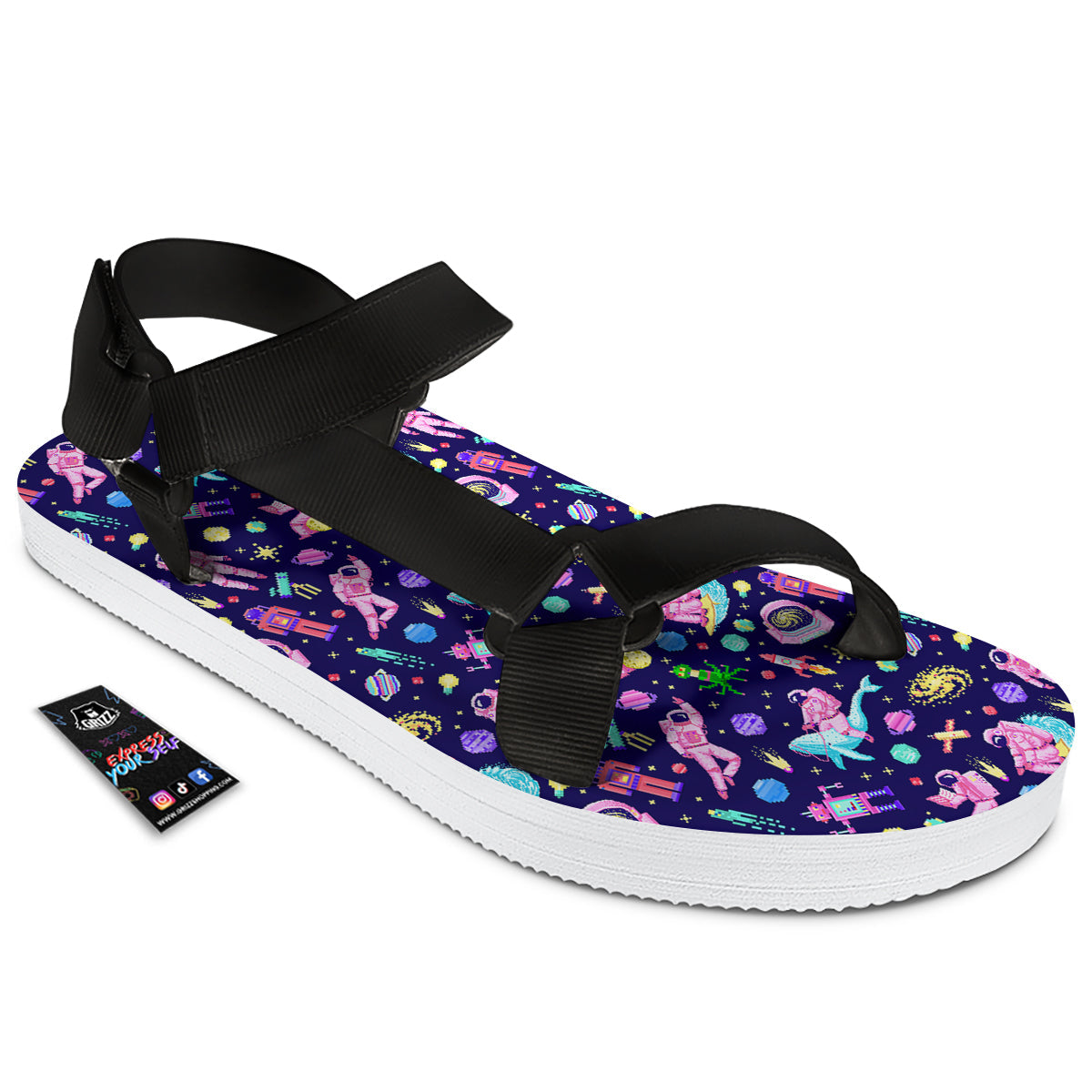 Space Astronaut 8 Bit Print Pattern Black Open Toe Sandals-grizzshop