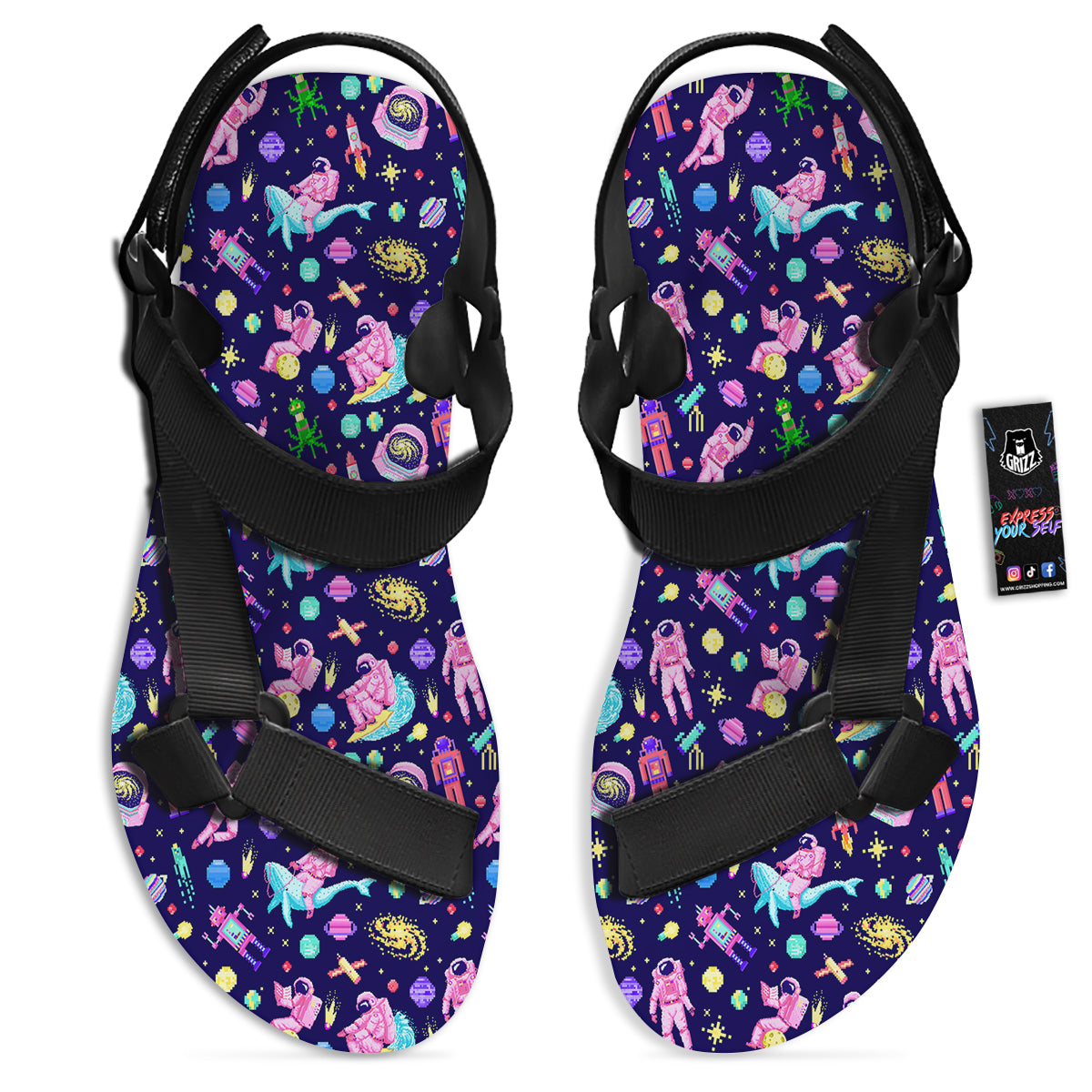 Space Astronaut 8 Bit Print Pattern Black Open Toe Sandals-grizzshop