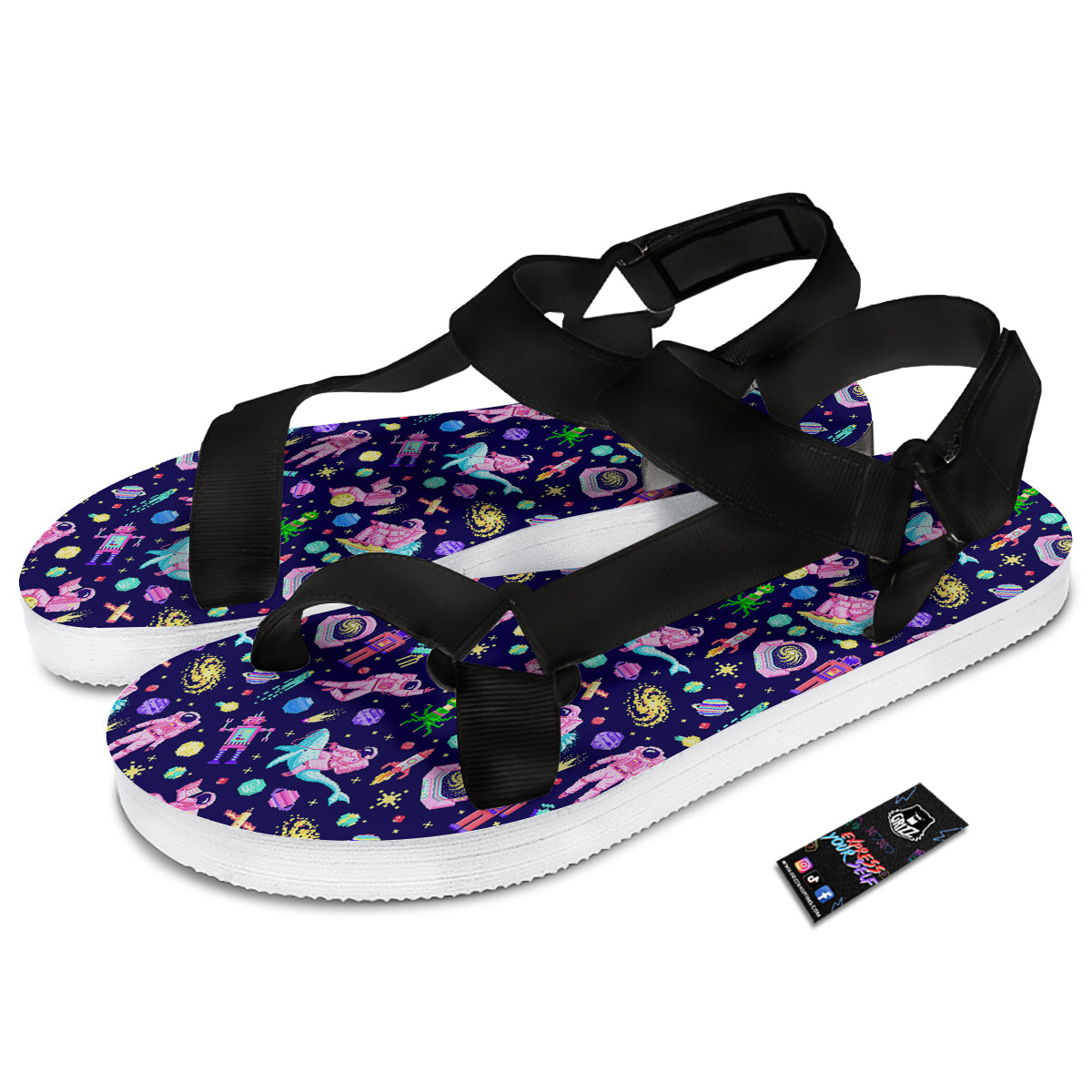 Space Astronaut 8 Bit Print Pattern Black Open Toe Sandals-grizzshop