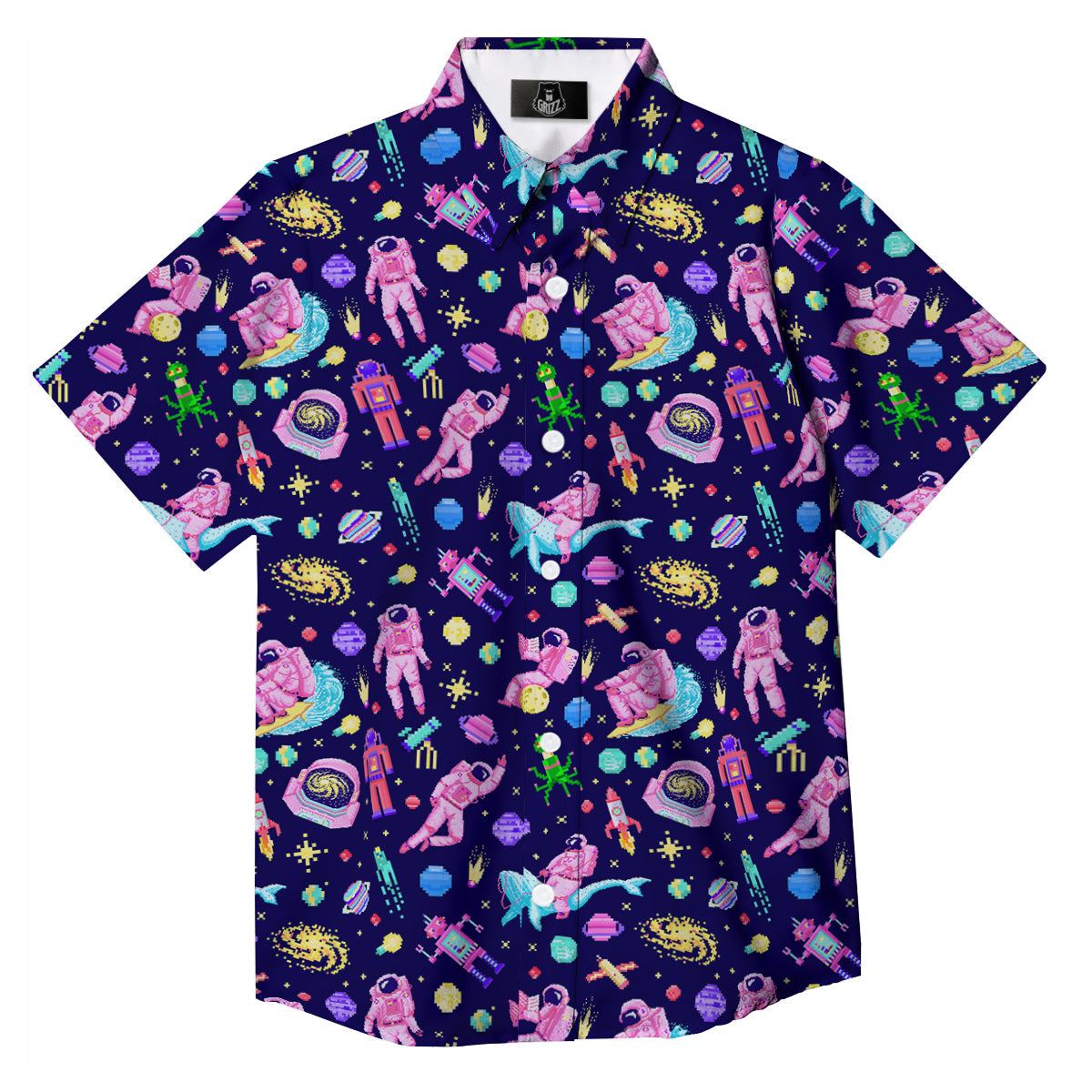 Space Astronaut 8 Bit Print Pattern Button Up Shirt-grizzshop