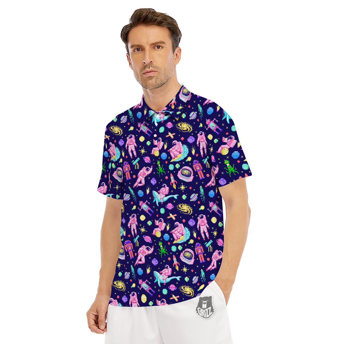 Space Astronaut 8 Bit Print Pattern Men's Golf Shirts-grizzshop