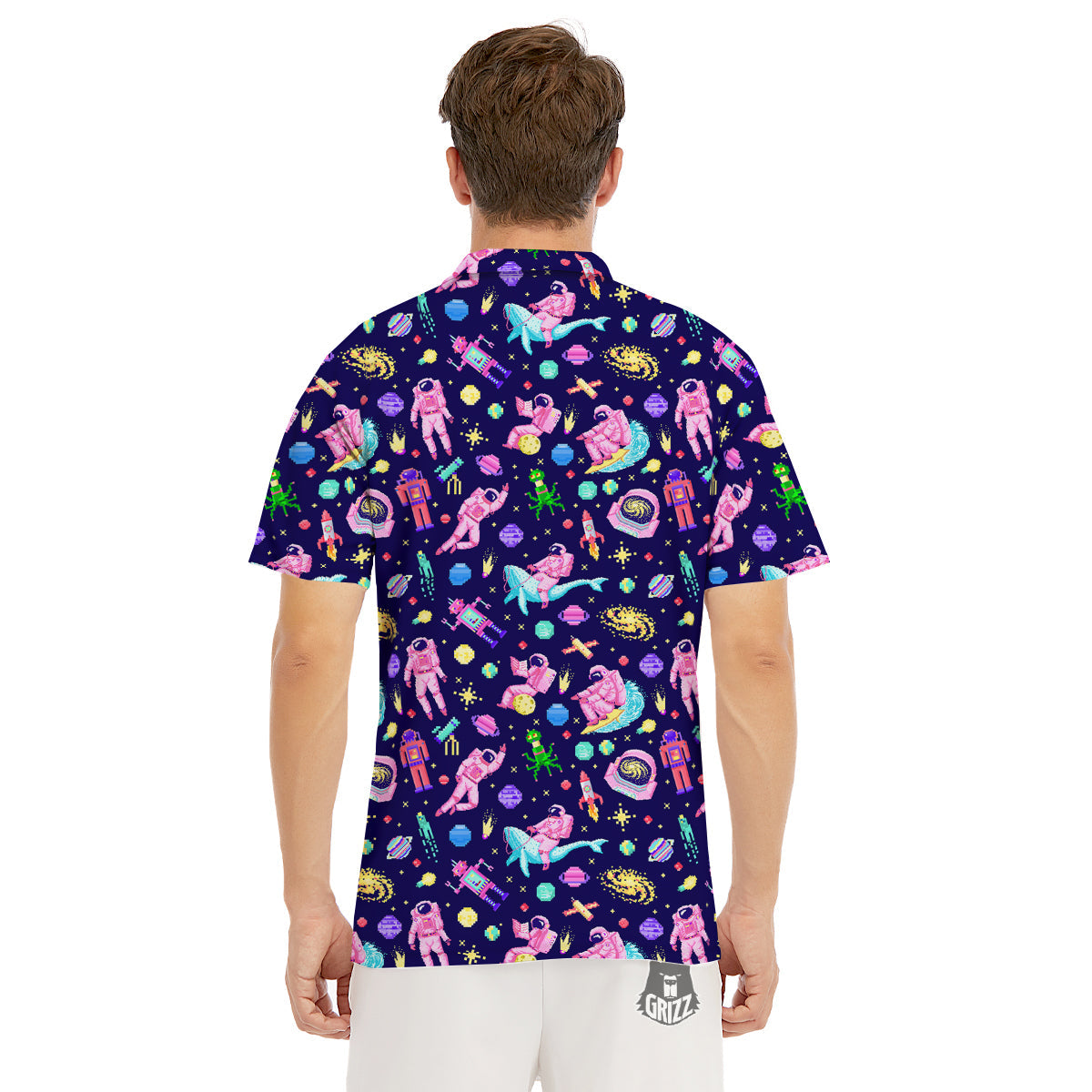 Space Astronaut 8 Bit Print Pattern Men's Golf Shirts-grizzshop