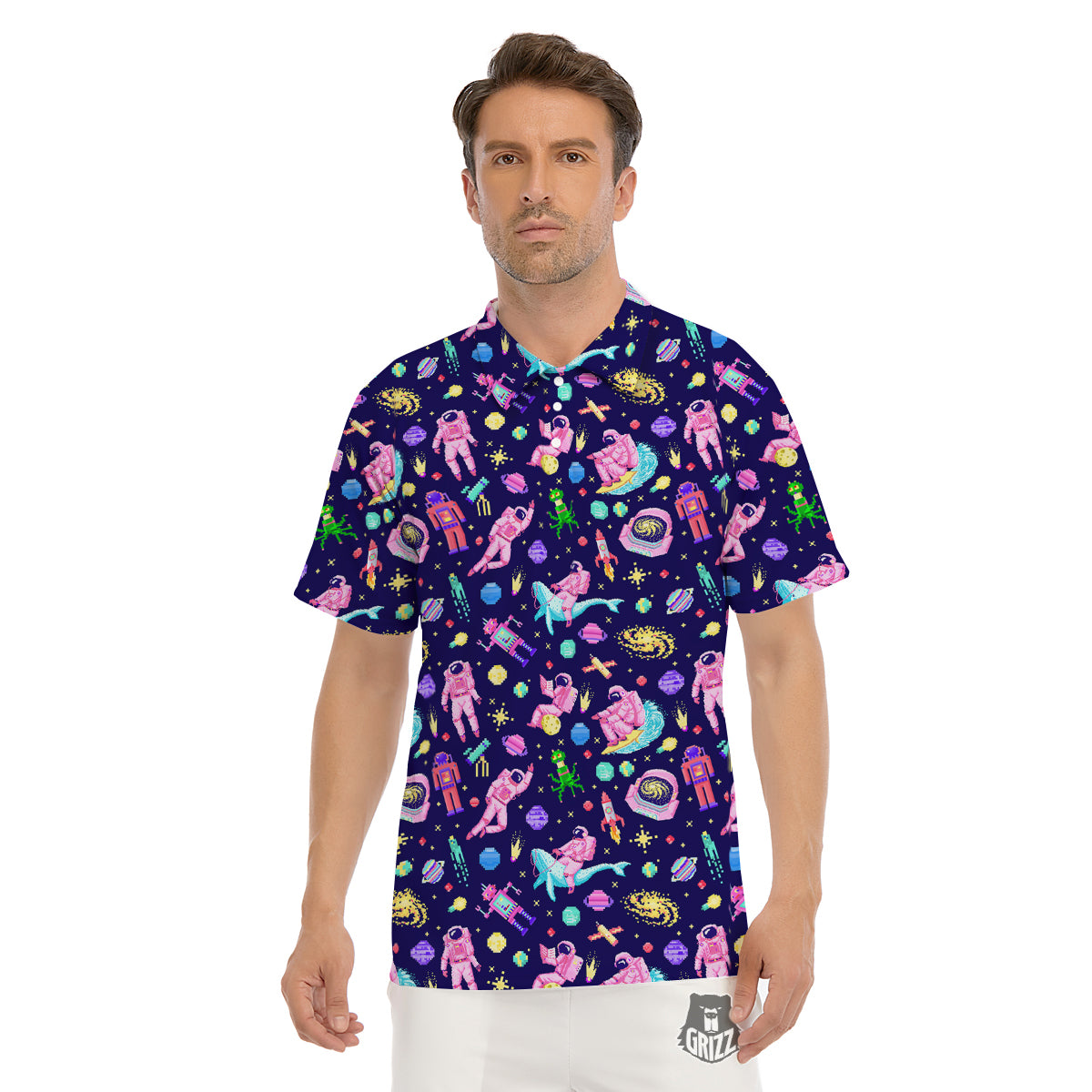 Space Astronaut 8 Bit Print Pattern Men's Golf Shirts-grizzshop