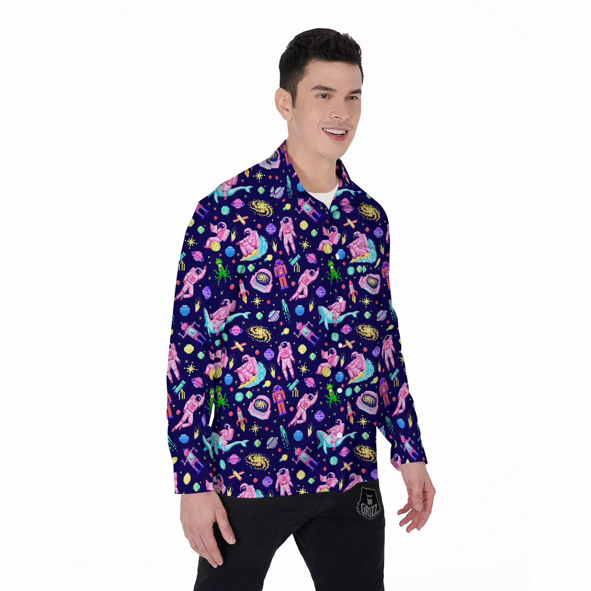 Space Astronaut 8 Bit Print Pattern Men's Long Sleeve Shirts-grizzshop