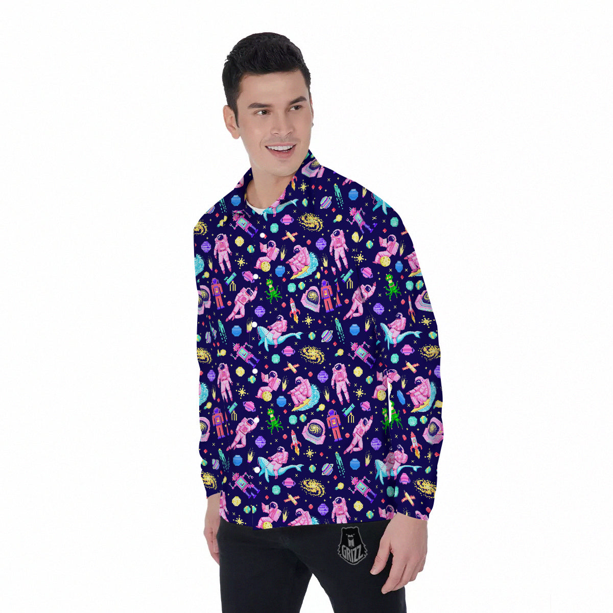 Space Astronaut 8 Bit Print Pattern Men's Long Sleeve Shirts-grizzshop