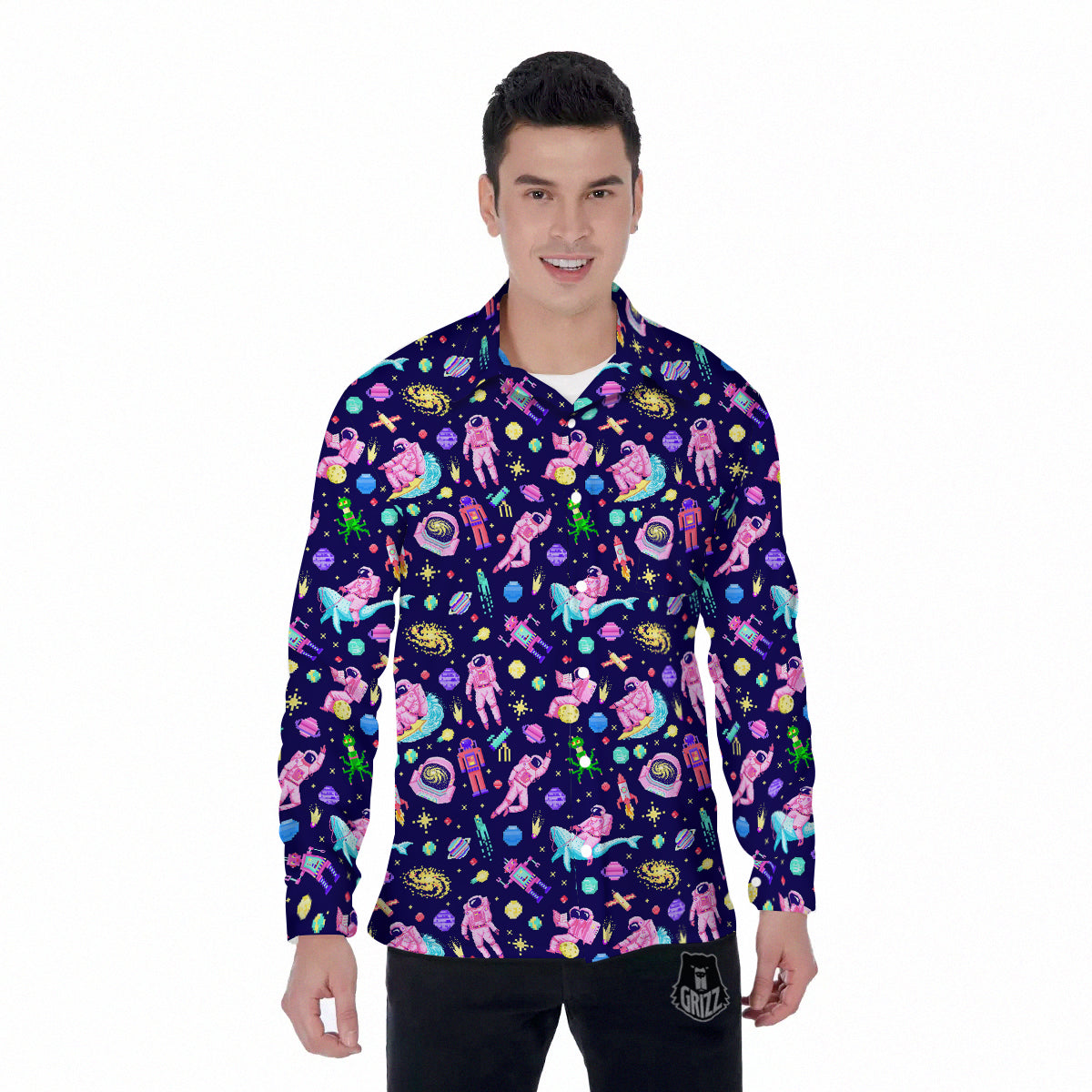 Space Astronaut 8 Bit Print Pattern Men's Long Sleeve Shirts-grizzshop