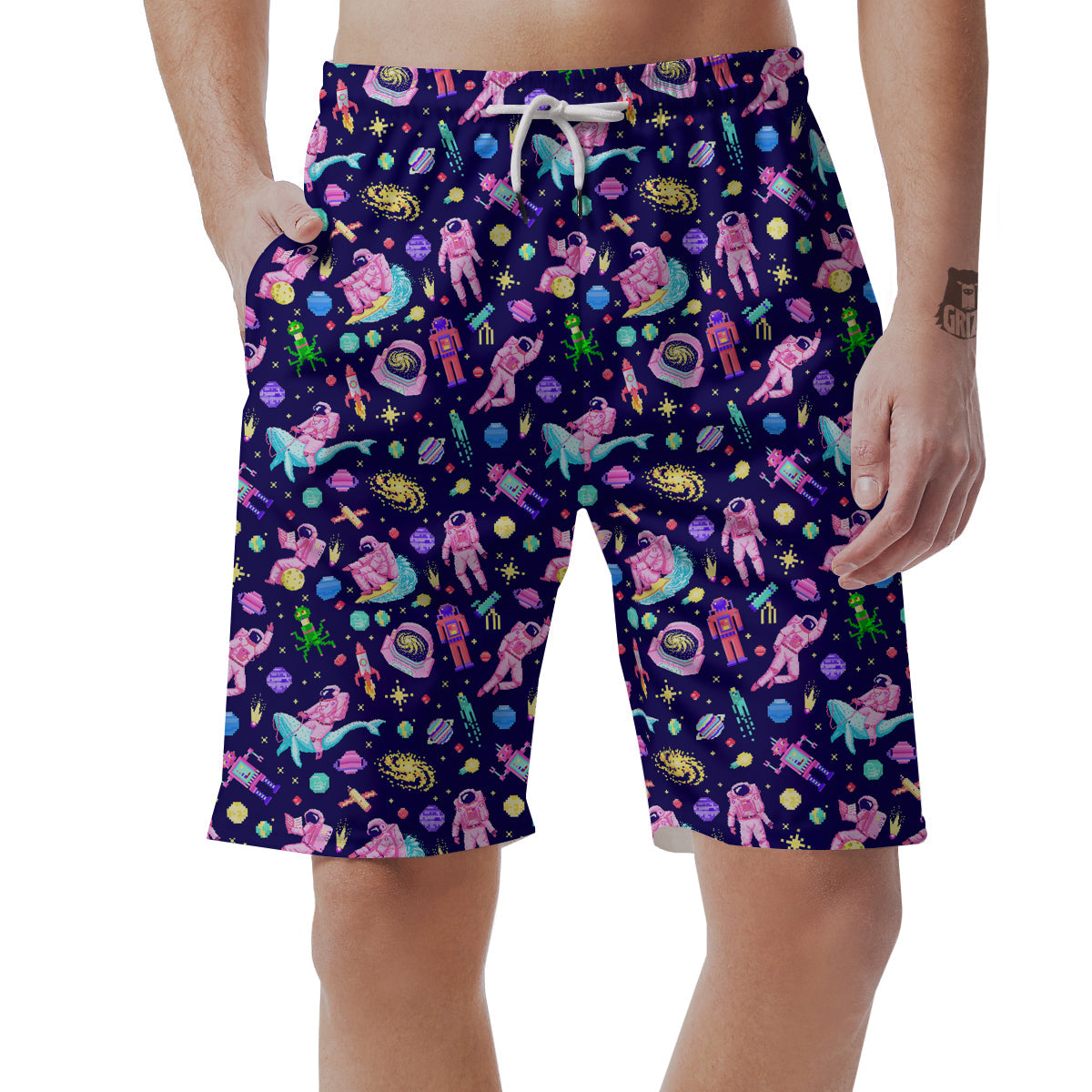 Space Astronaut 8 Bit Print Pattern Men's Shorts-grizzshop