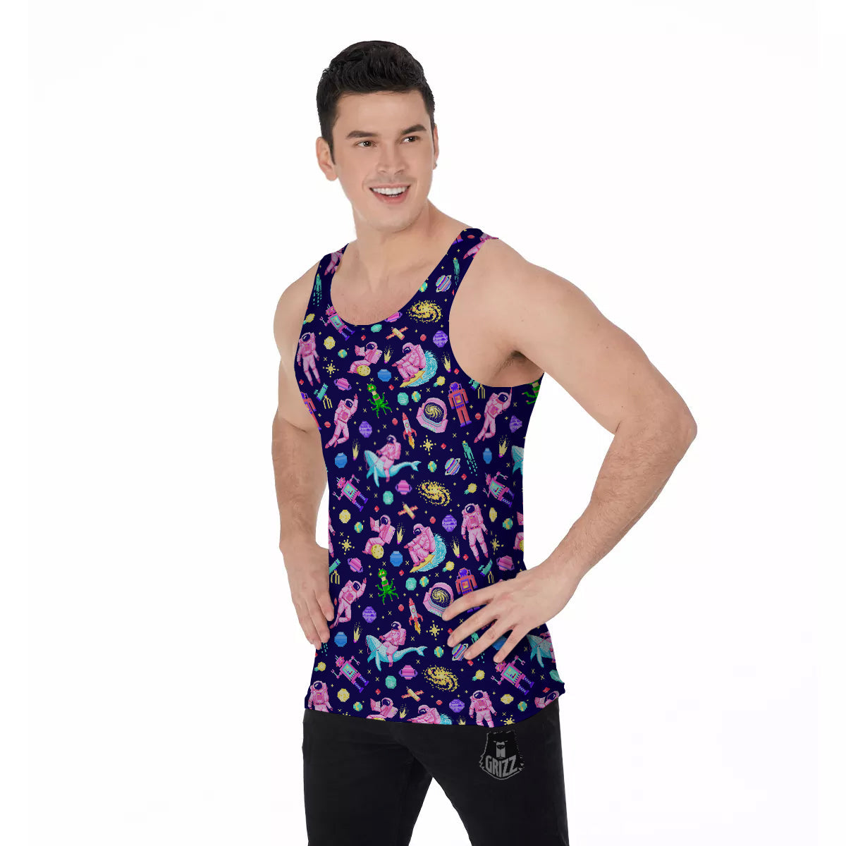 Space Astronaut 8 Bit Print Pattern Men's Tank Top-grizzshop