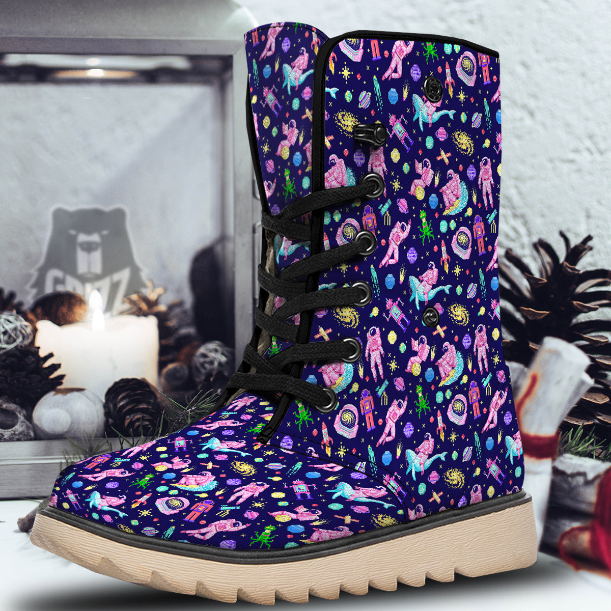 Space Astronaut 8 Bit Print Pattern Snow Boots-grizzshop