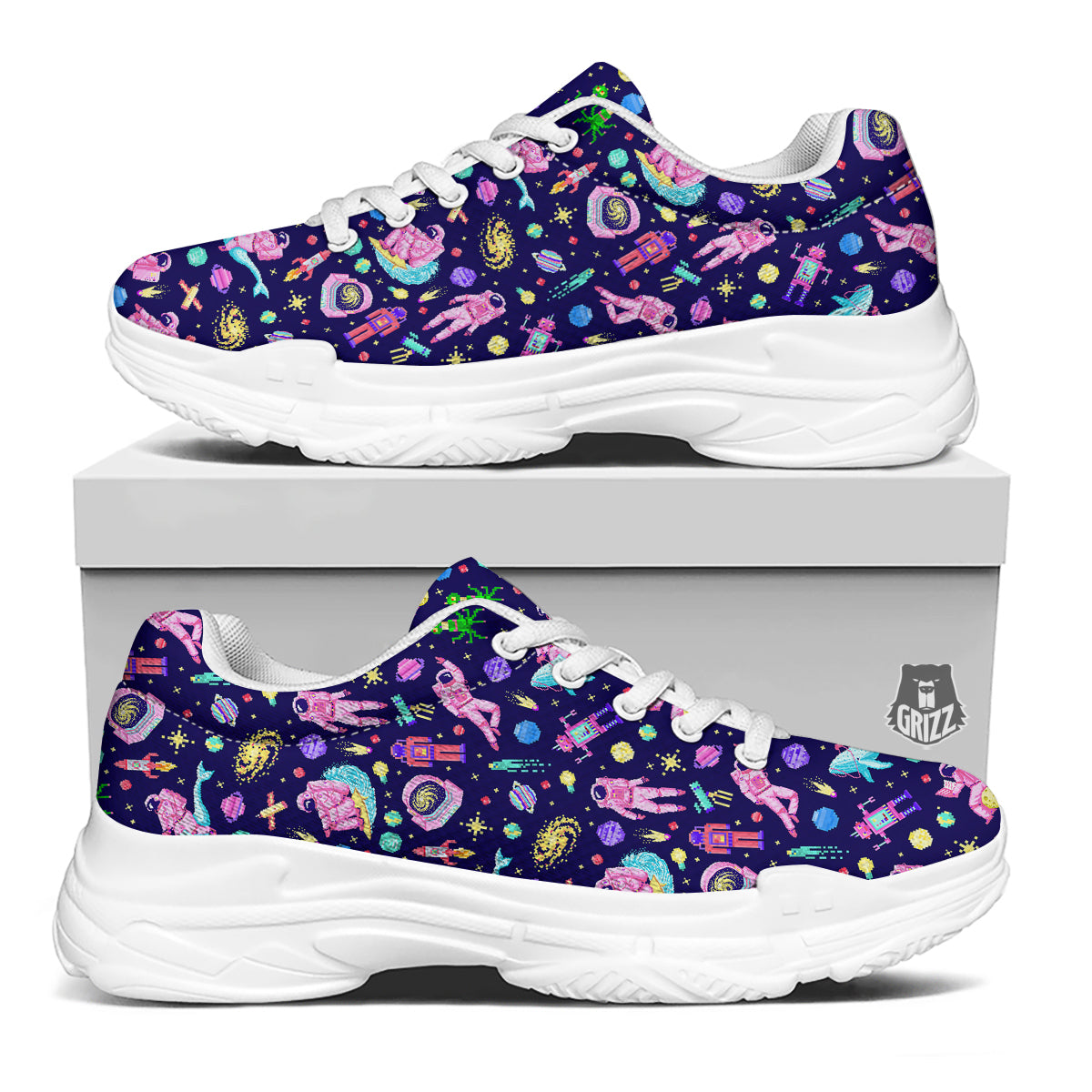 Space Astronaut 8 Bit Print Pattern White Chunky Shoes-grizzshop