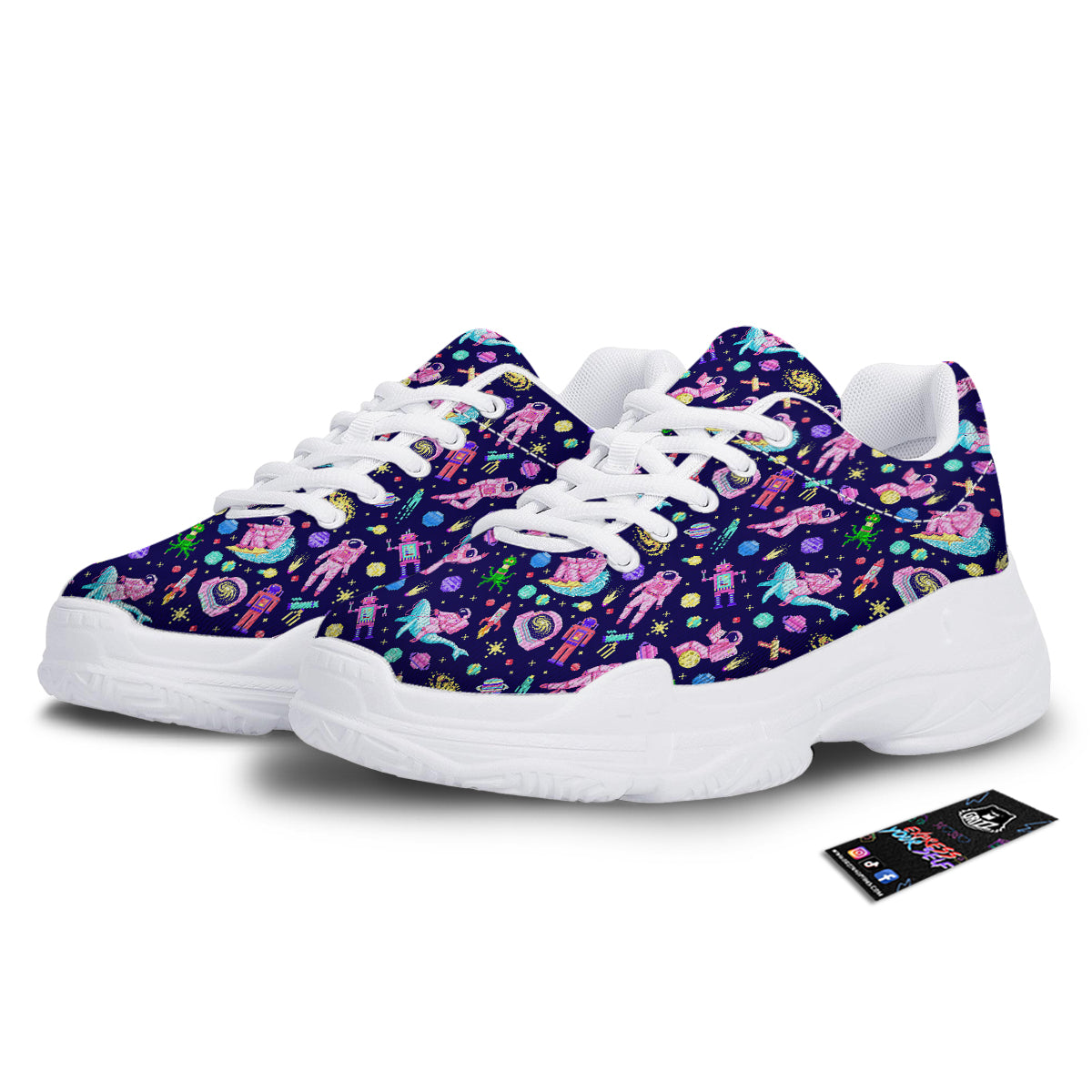 Space Astronaut 8 Bit Print Pattern White Chunky Shoes-grizzshop