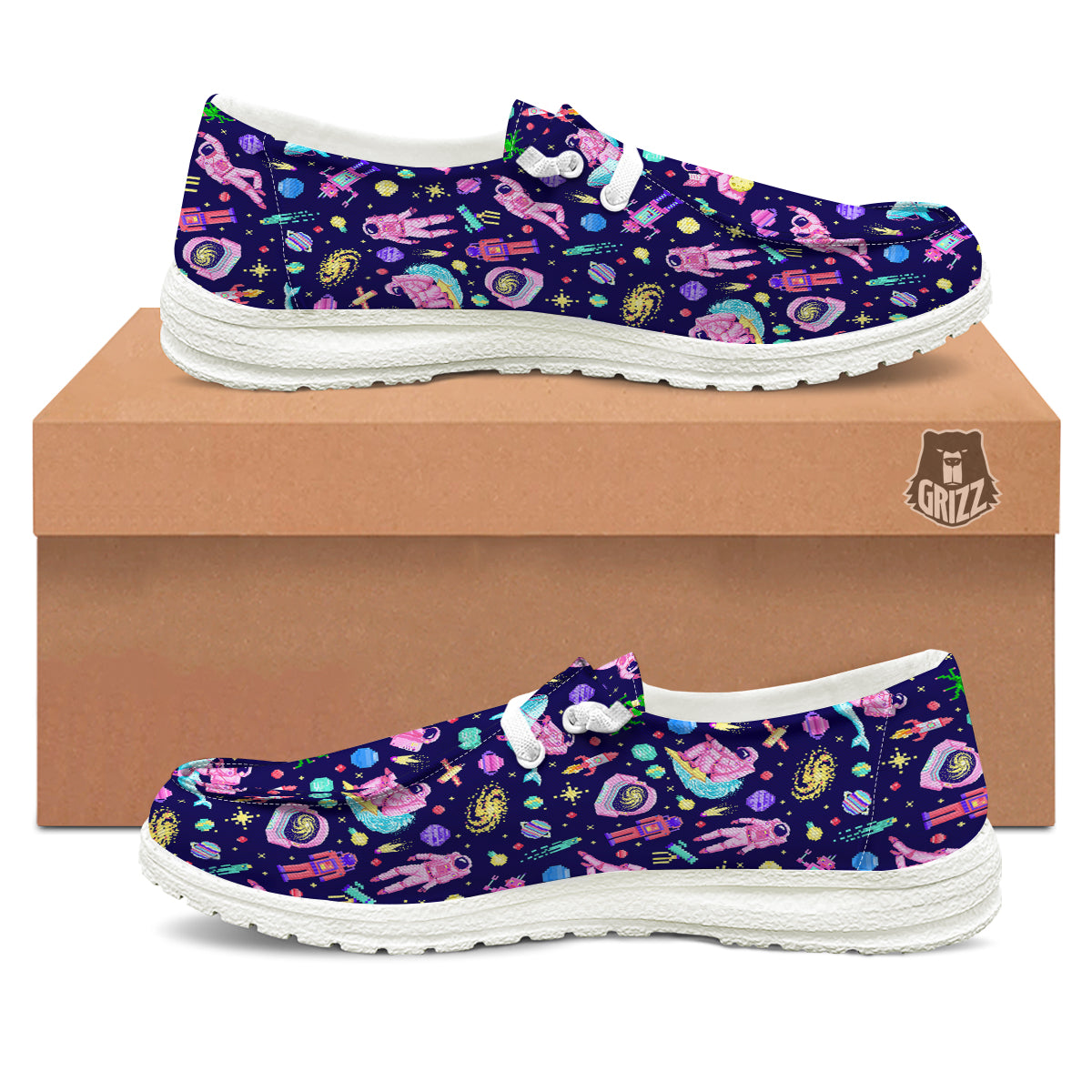 Space Astronaut 8 Bit Print Pattern White Loafers-grizzshop