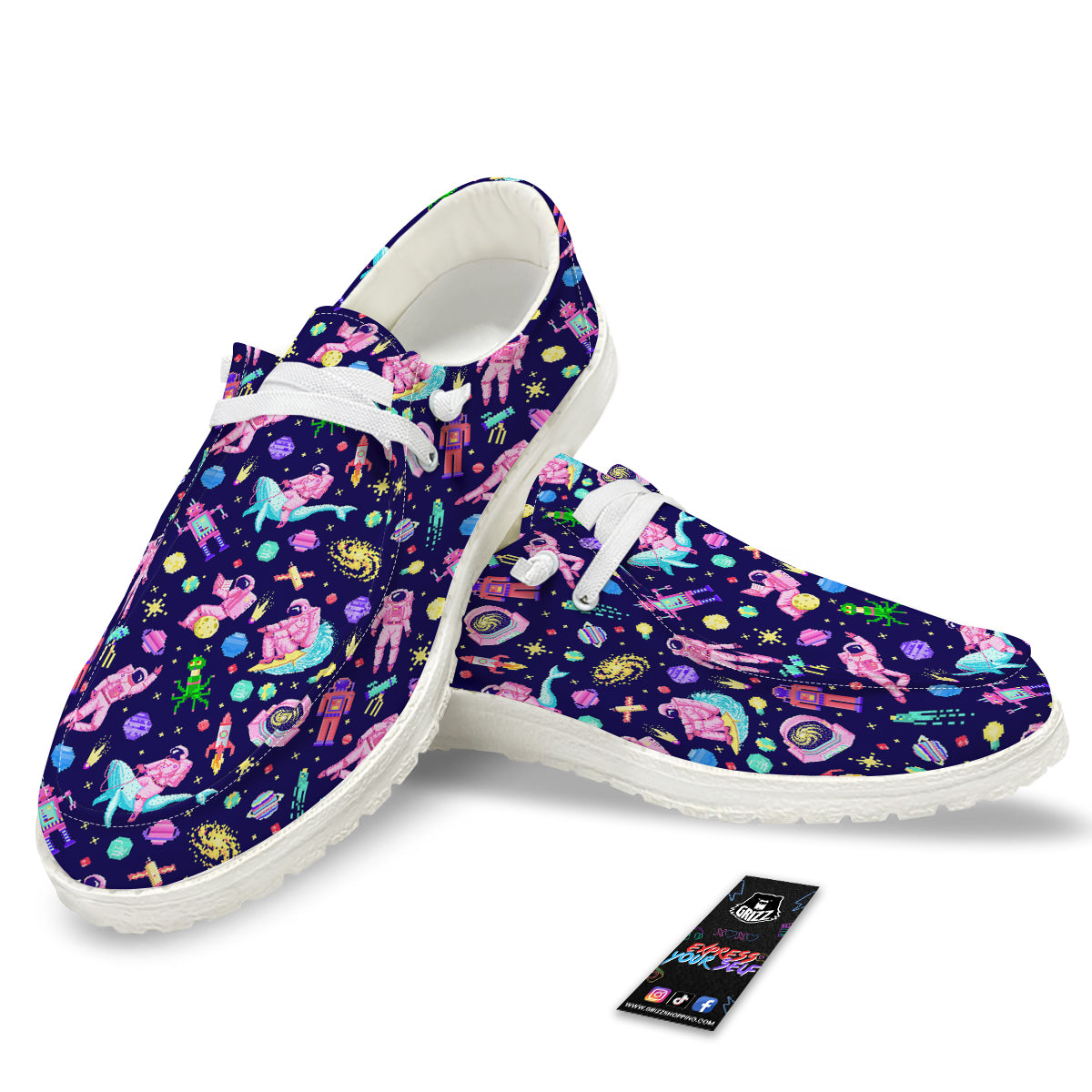 Space Astronaut 8 Bit Print Pattern White Loafers-grizzshop