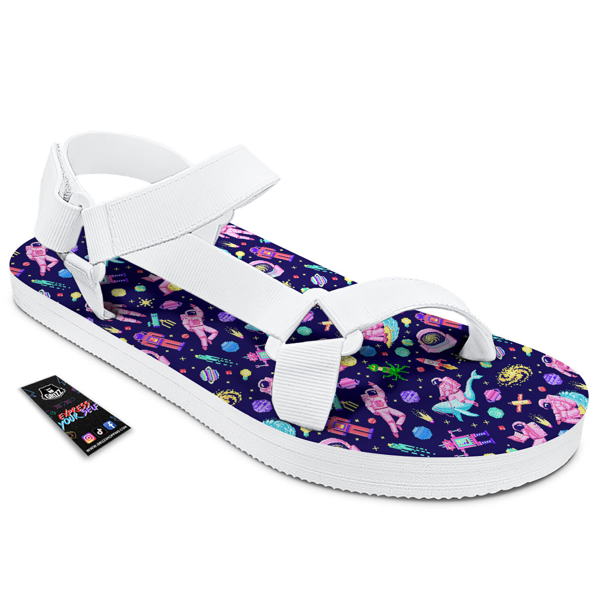 Space Astronaut 8 Bit Print Pattern White Open Toe Sandals-grizzshop