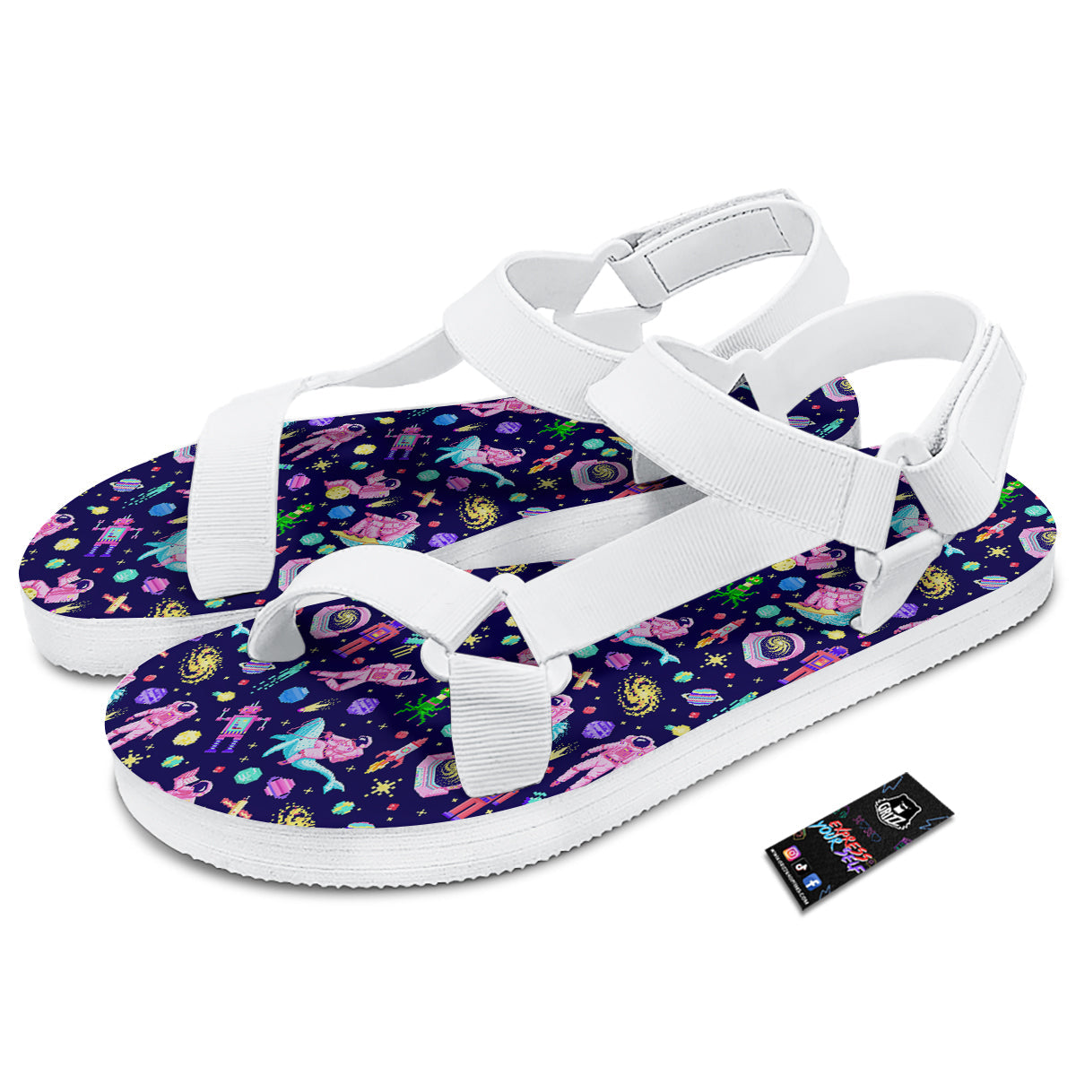 Space Astronaut 8 Bit Print Pattern White Open Toe Sandals-grizzshop