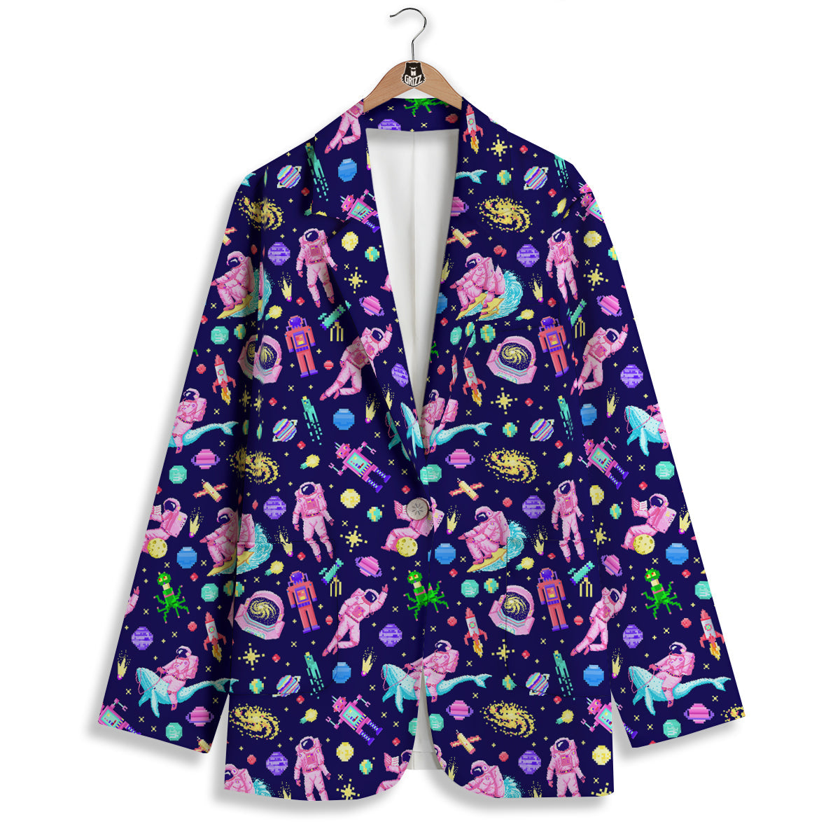 Space Astronaut 8 Bit Print Pattern Women's Blazer-grizzshop