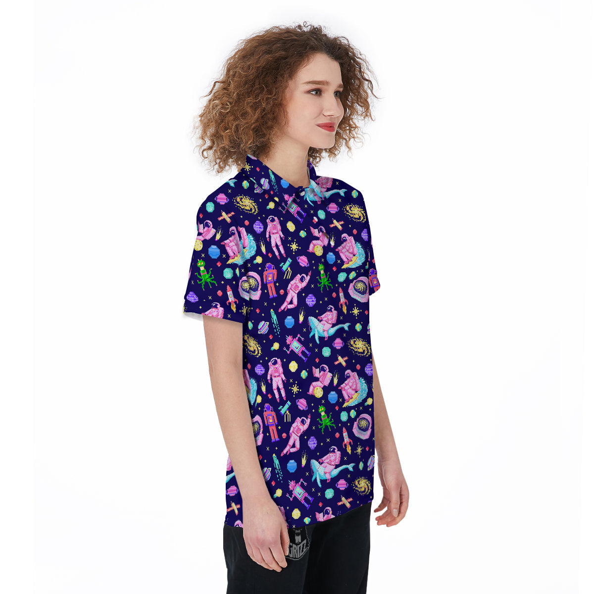 Space Astronaut 8 Bit Print Pattern Women's Golf Shirts-grizzshop