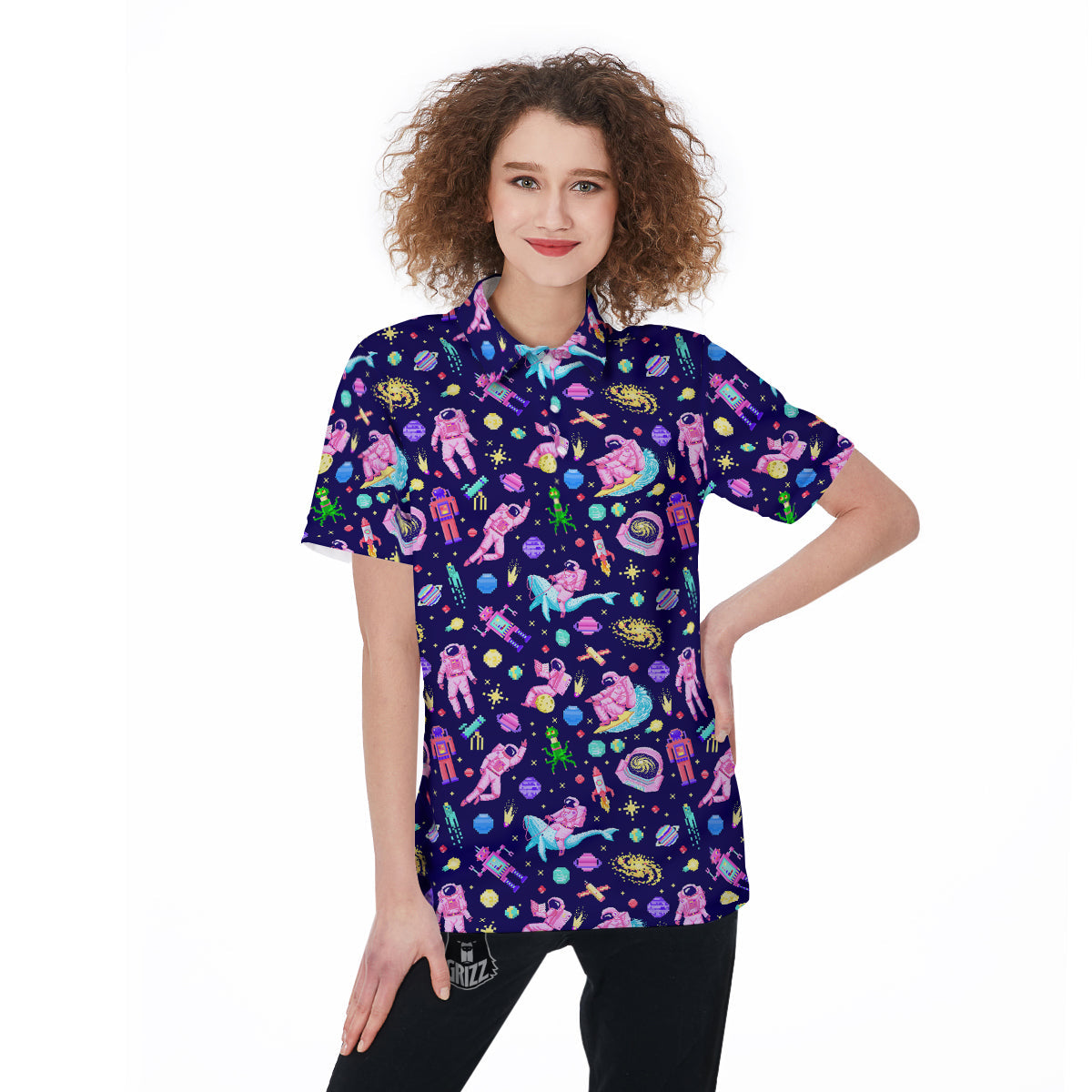 Space Astronaut 8 Bit Print Pattern Women's Golf Shirts-grizzshop