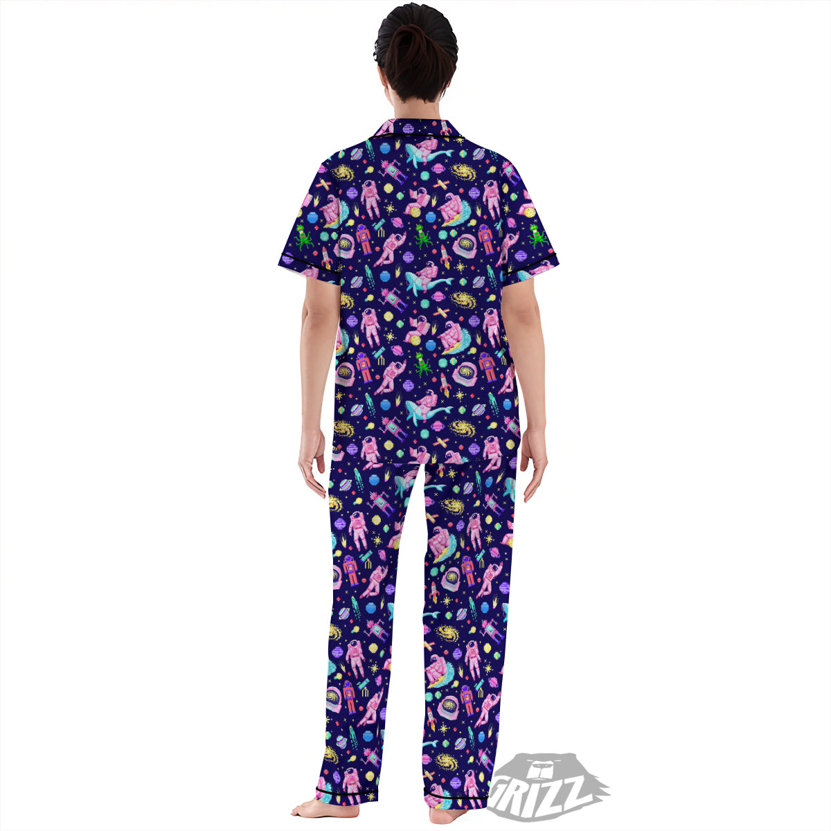 Space Astronaut 8 Bit Print Pattern Women's Pajamas Set-grizzshop