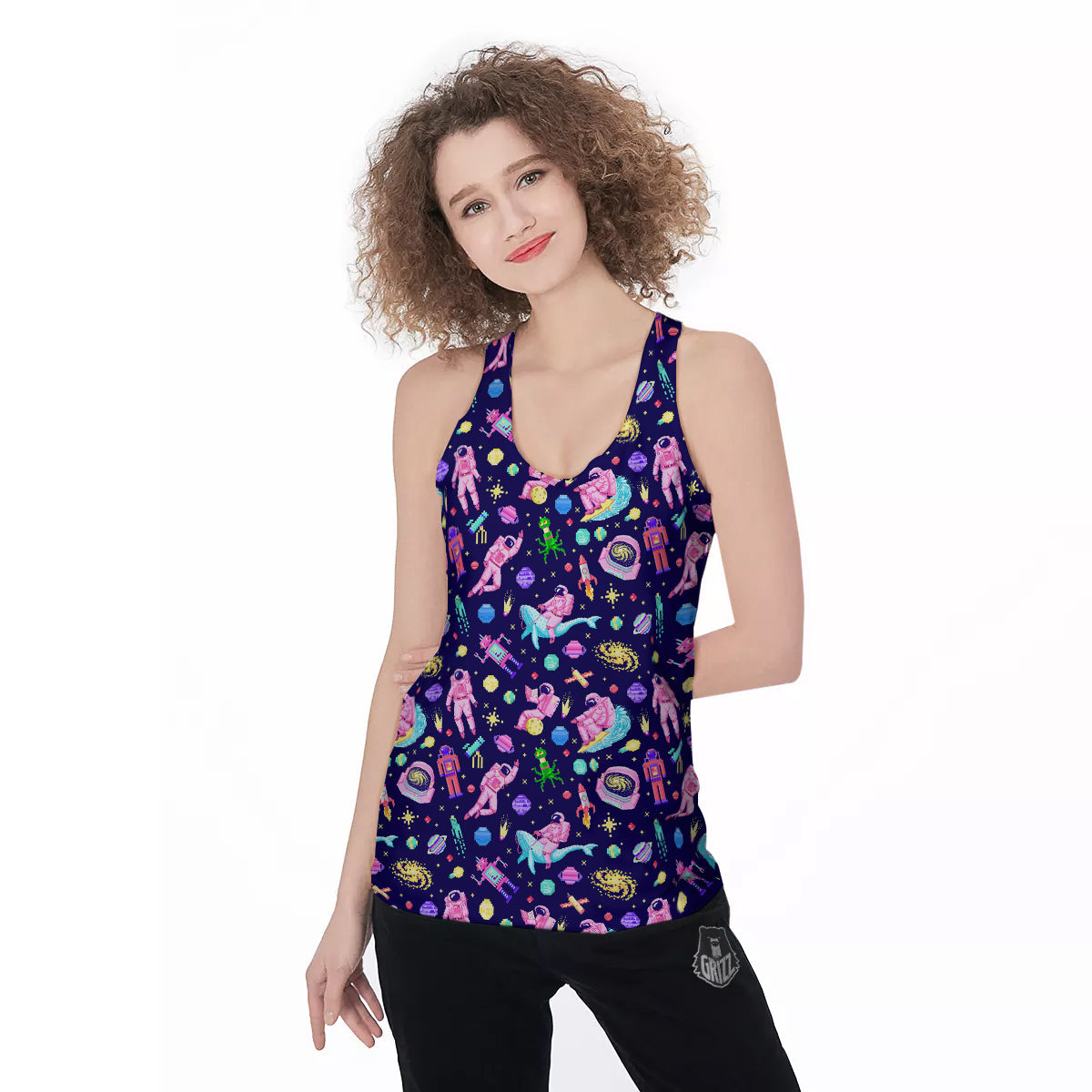Space Astronaut 8 Bit Print Pattern Women's Racerback Tank Top-grizzshop
