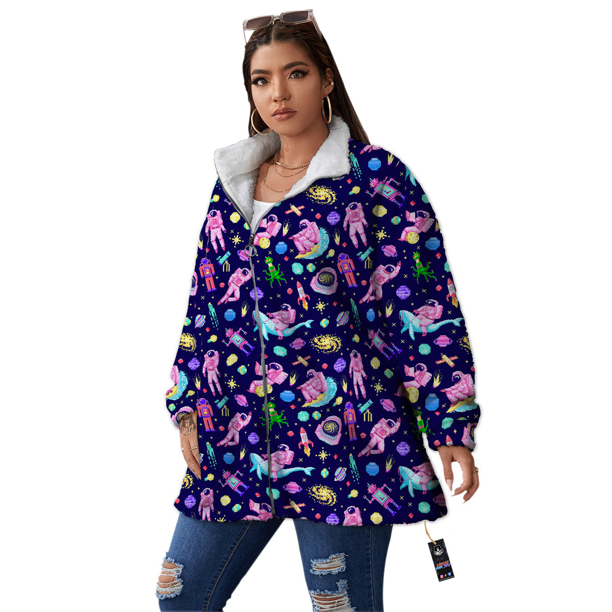 Space Astronaut 8 Bit Print Pattern Women's Sherpa Jacket-grizzshop