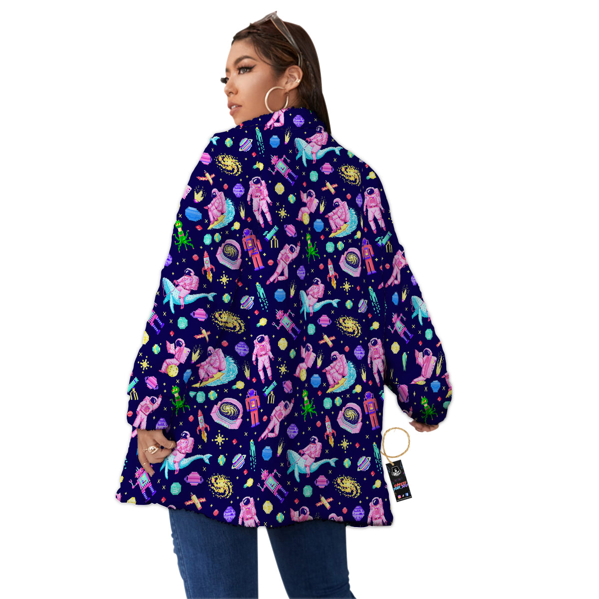 Space Astronaut 8 Bit Print Pattern Women's Sherpa Jacket-grizzshop