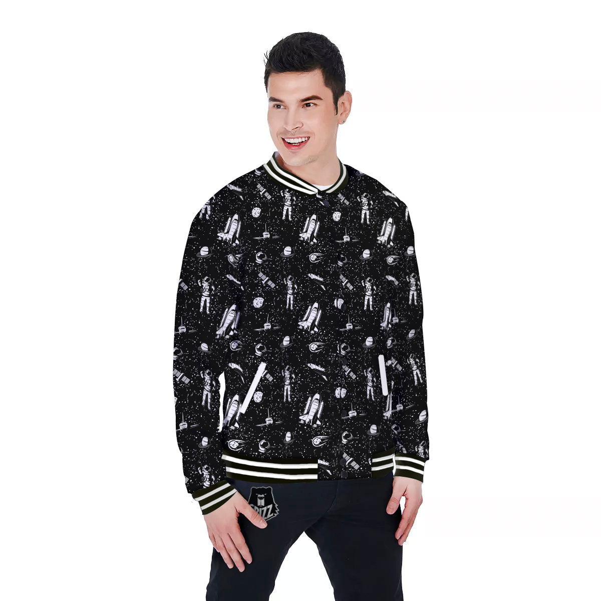 Space Astronaut Black Print Pattern Baseball Jacket-grizzshop
