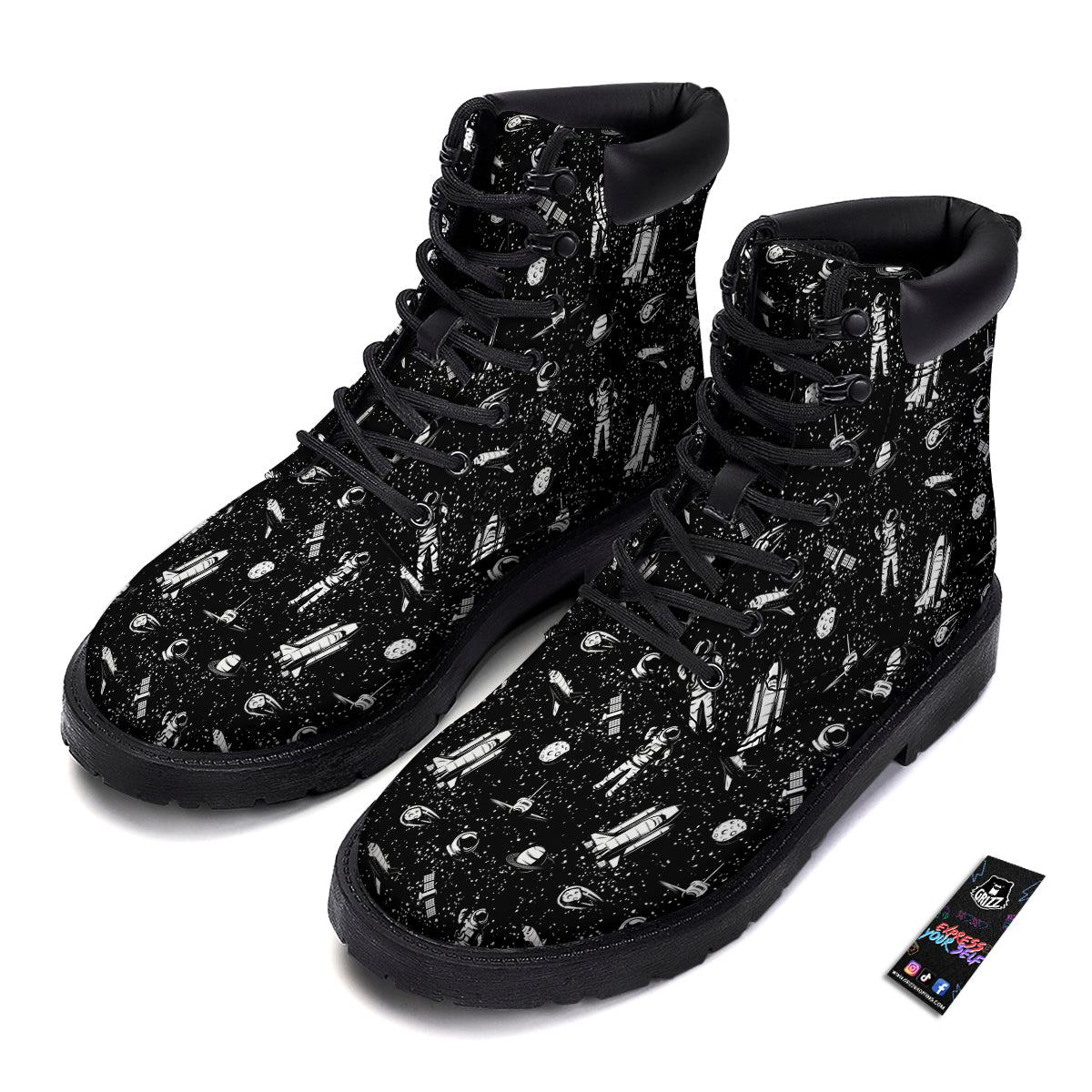 Space Astronaut Black Print Pattern Boots-grizzshop