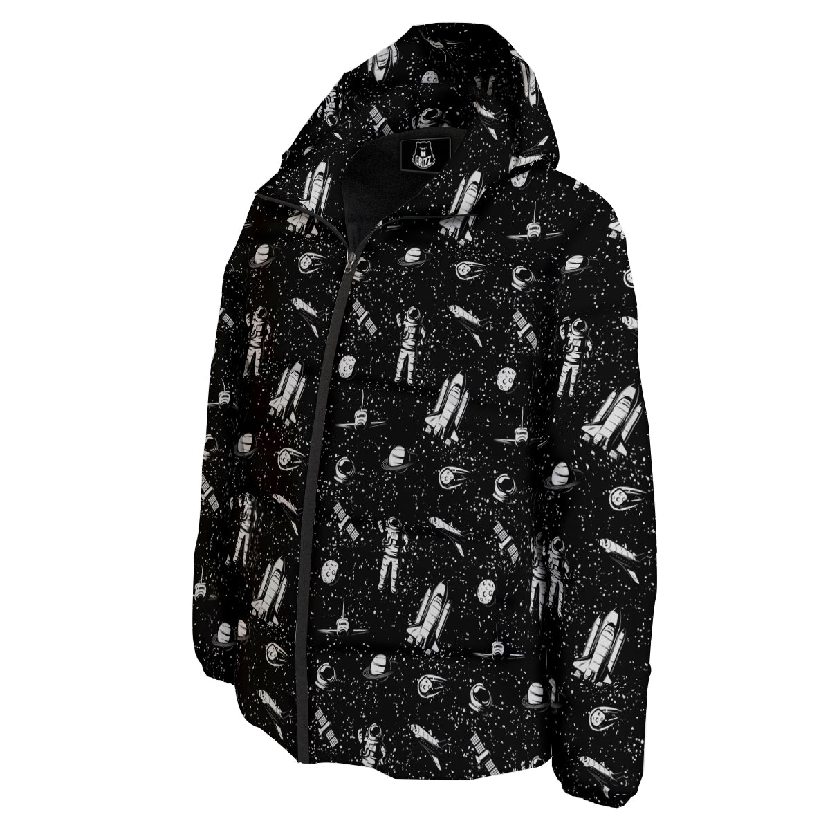 Space Astronaut Black Print Pattern Down Jacket-grizzshop
