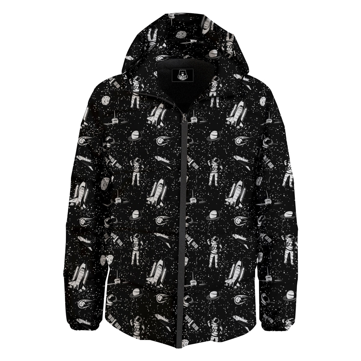 Space Astronaut Black Print Pattern Down Jacket-grizzshop