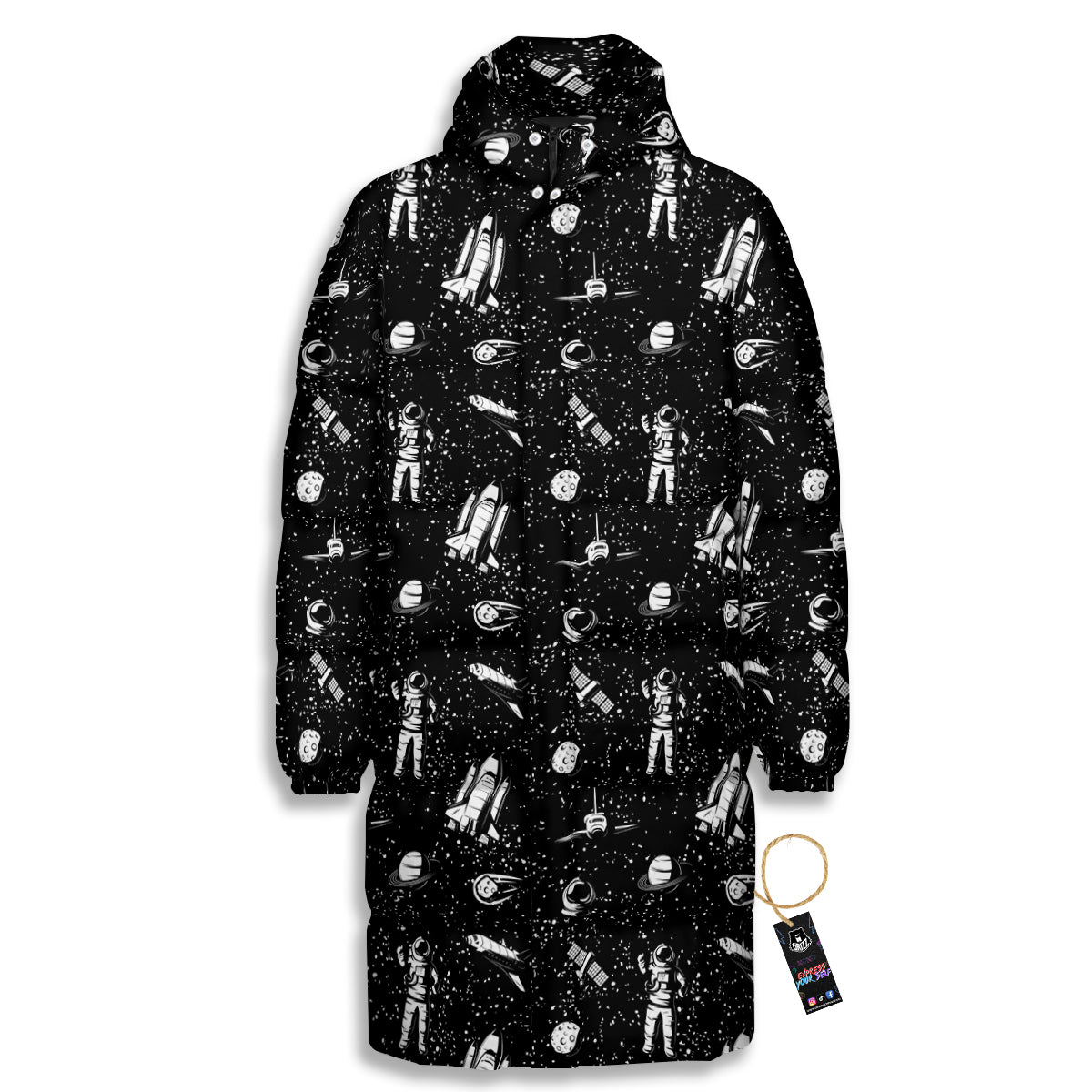 Space Astronaut Black Print Pattern Long Down Jacket-grizzshop