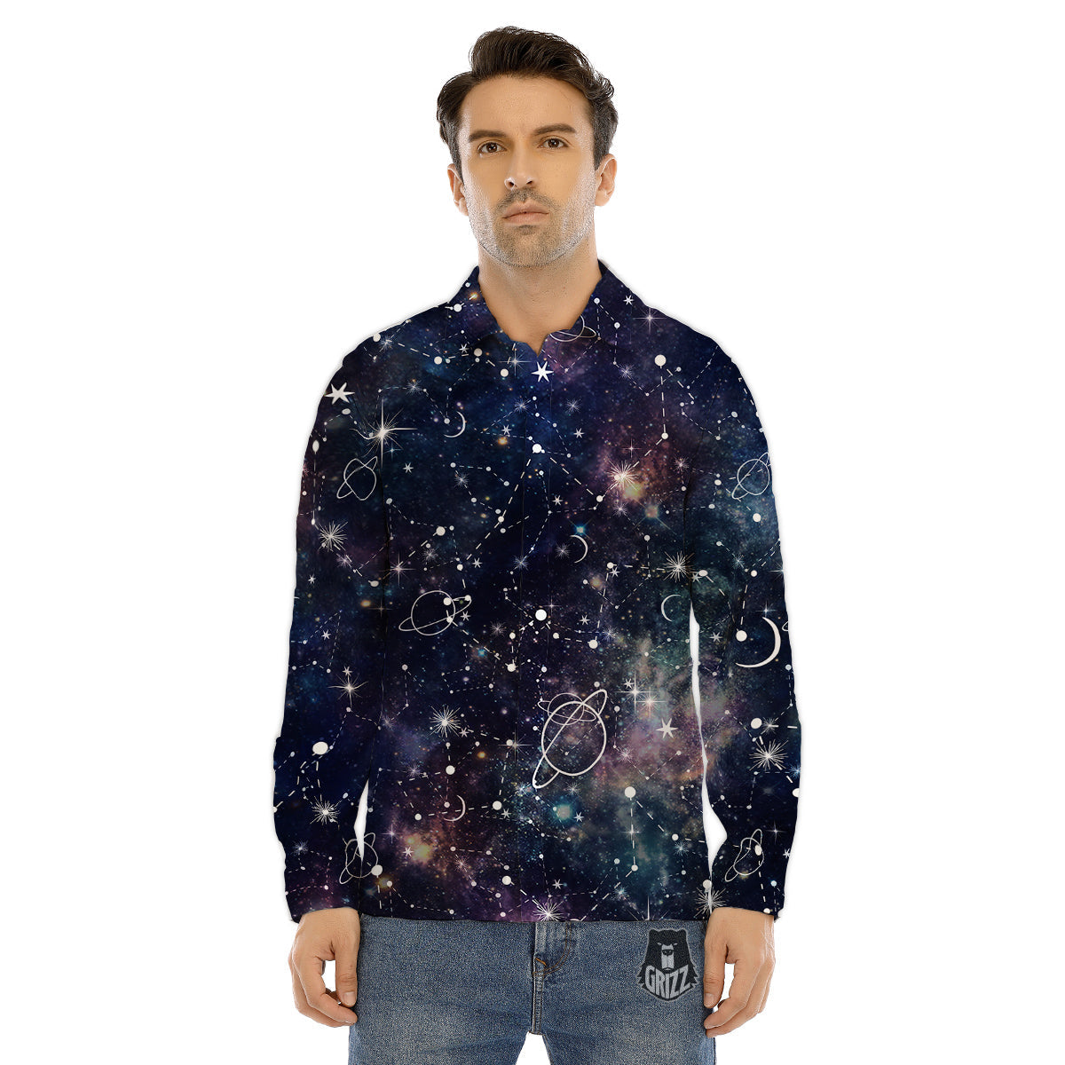 Space Astronaut Black Print Pattern Men's Dress Shirts-grizzshop