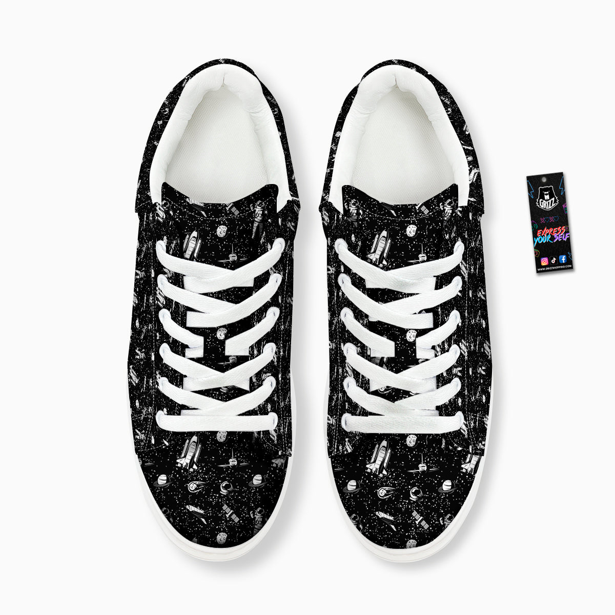 Space Astronaut Black Print Pattern Platform Shoes-grizzshop