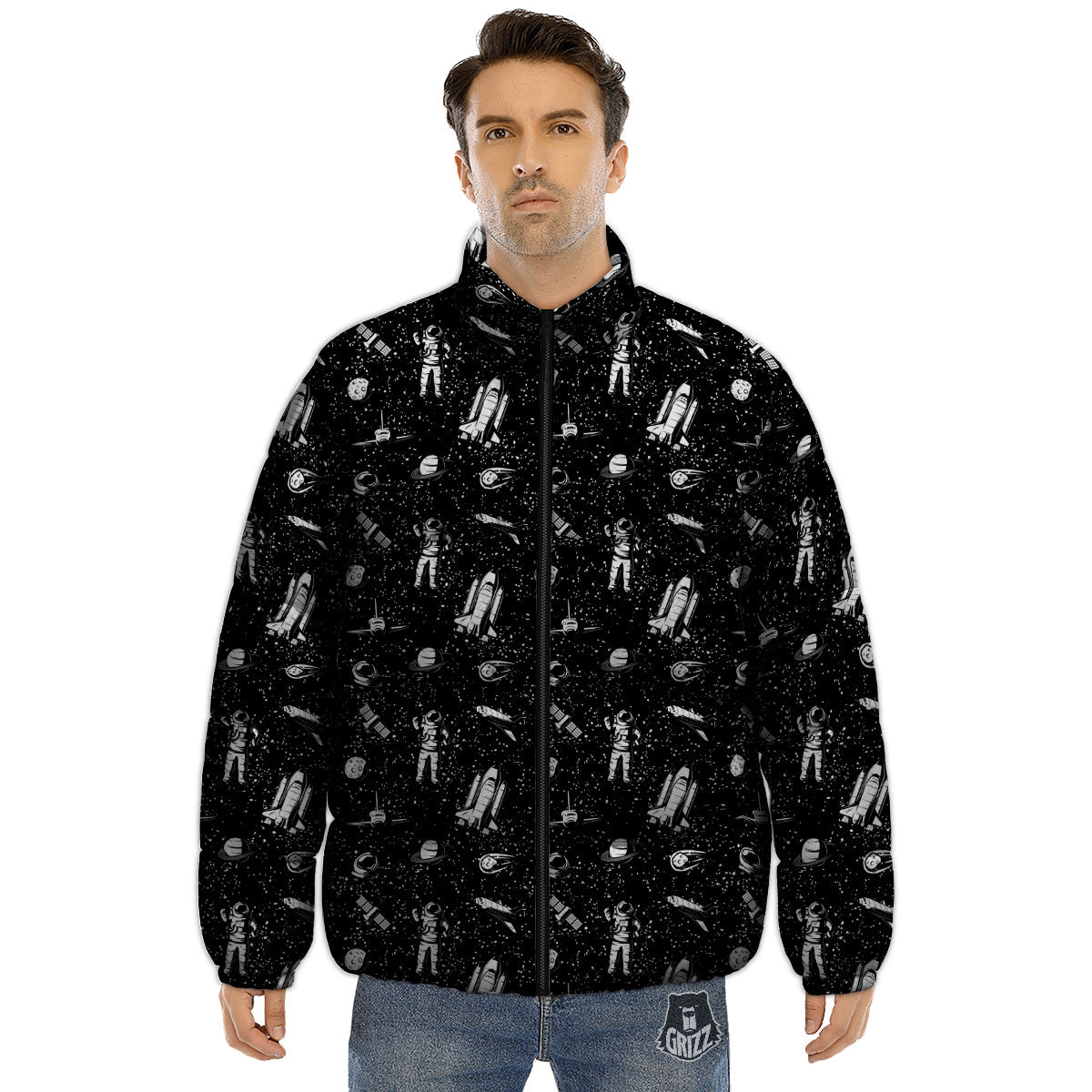 Space Astronaut Black Print Pattern Puffer Jacket-grizzshop