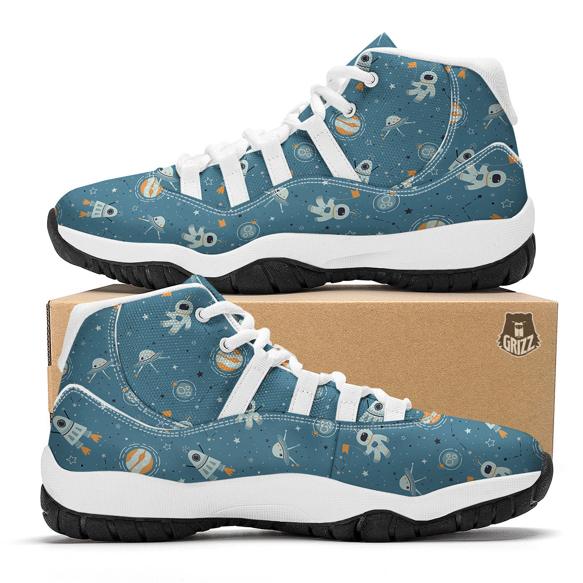 Space Astronaut Pattern Print White Bball Shoes-grizzshop