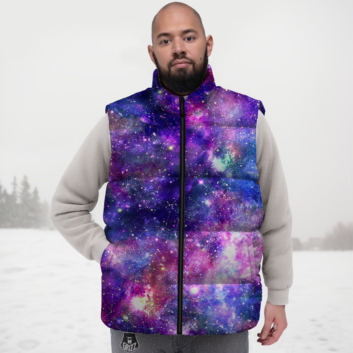 Space Blue Starfield Purple Galaxy Print Down Vest